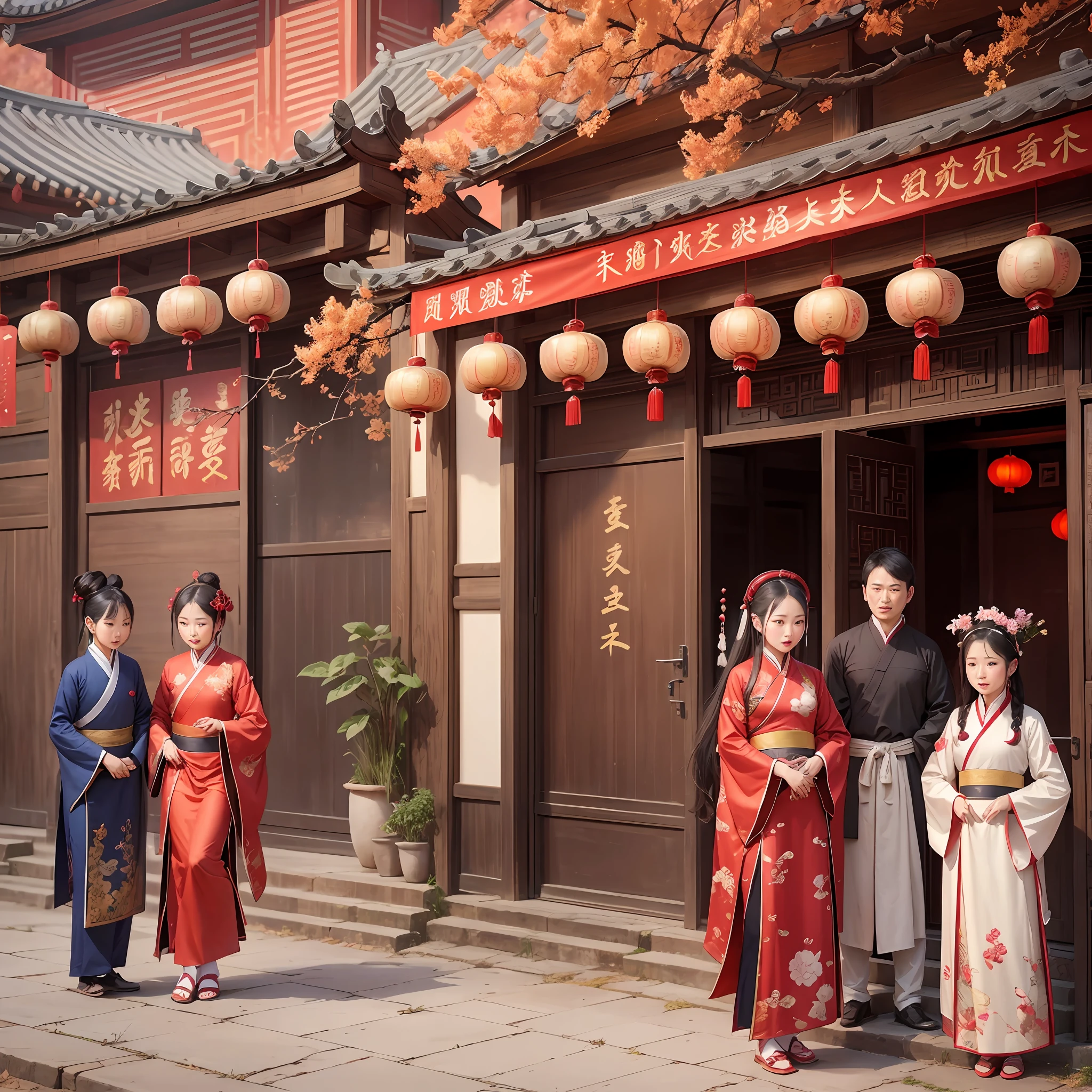 In China's rural people, people's clothing style is Hanfu, the facial expressions of the human face should be natural, people hold New Year gifts, the building is a Tang Dynasty style building, the decoration of the building needs to have a New Year atmosphere All fonts in the picture are Chinese Simplified --auto --s2