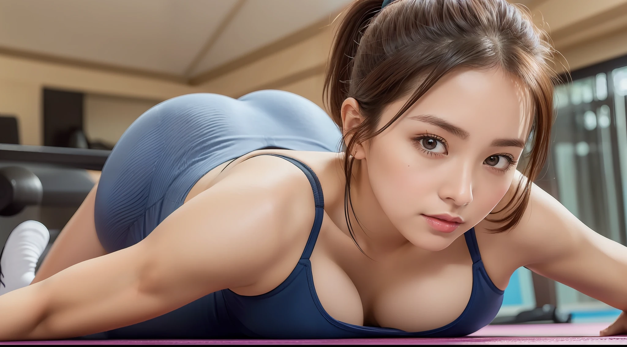 ((Gym, Top Quality, 8K, Masterpiece: 1.3)), ((1 Woman: 1.2)), ((Perfect Anatomy: 2)), (Perfect Face, Perfect Body, Perfect Outfit: 1.5), Bright Room, (Photorealistic: 1.4), Raw Photo, (Real Skin Texture: 1.3), Has Bangs, Hairstyle Ponytail, ((Big breasts, cleavage: 1.3)), ( Lying face down on a yoga mat and arching your upper body wide: 1.2), (sports bra, spats: 1.2), big eyes, brown eyes, double eyelids, super detailed, (ultra high definition: 1.0), yoga teacher