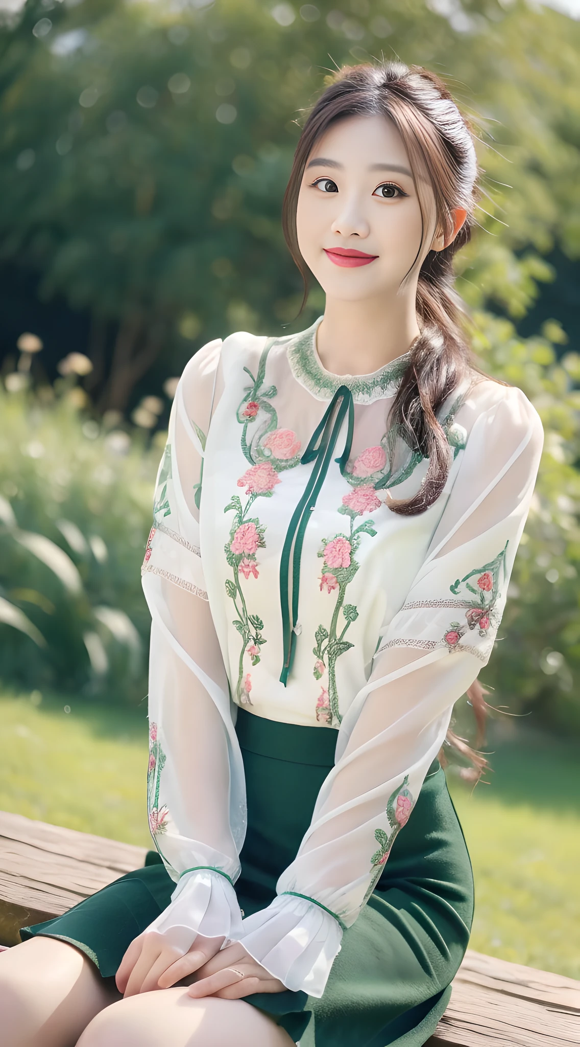 ((Best Quality, 8K, Masterpiece:1.3)), A pretty maiden, vintage embroidered floral blouse, matcha green, slit skirt, high ponytail, black fluffy long straight hair, round black big eyes, clear big eyes, moist lips, sweet smile, sitting, pastoral background,