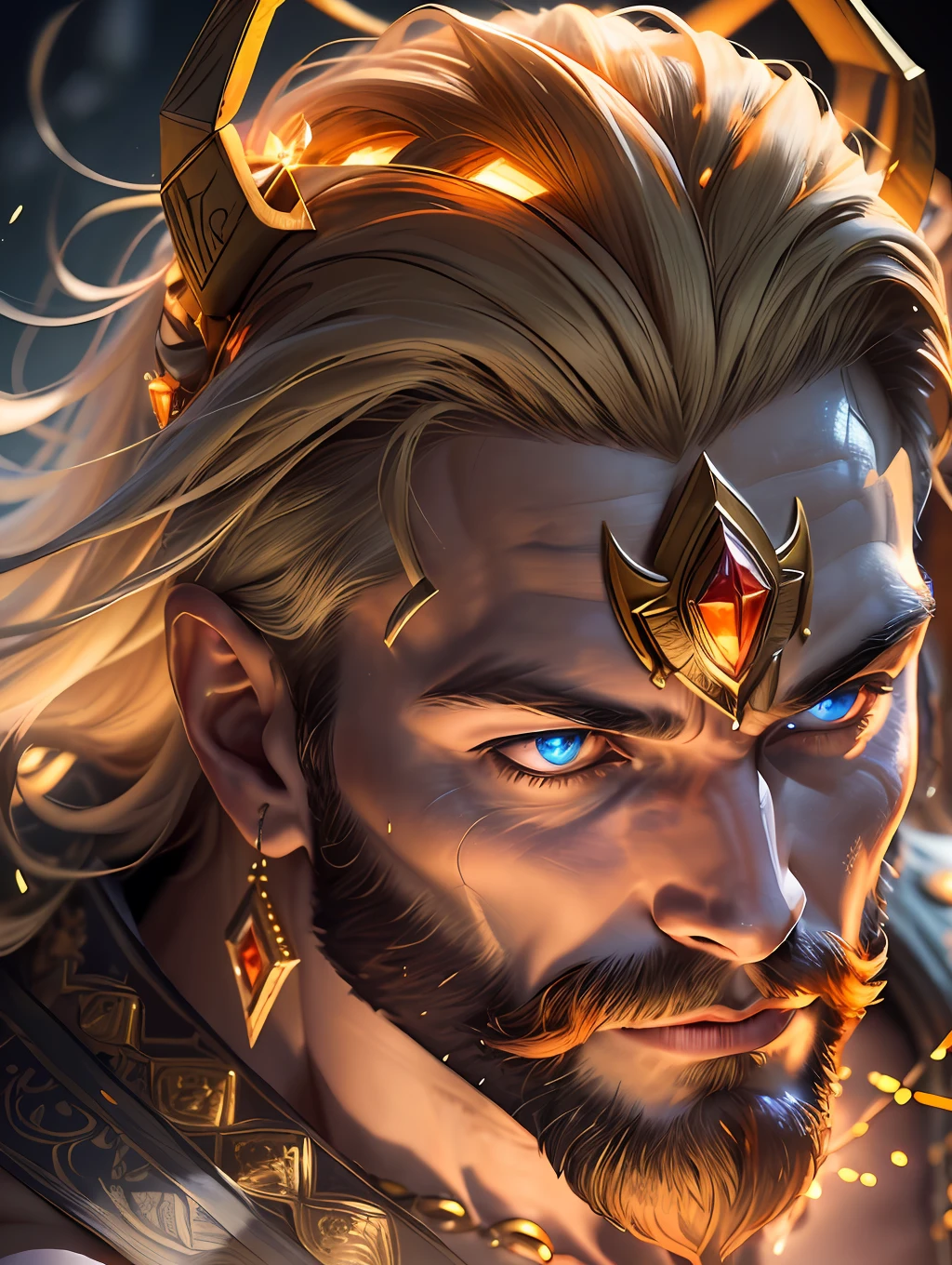 (Highest quality:1.3), A close up photo of Apollo God of beauty with a crown around his head (glowing orange crown:1.2) (in head:1.2), insanely handsome, fantasy art, perfect image, front picture 1024px, aerial photo, greek and templar aesthetics, adorned with precious gems, cg artist, ultra detailed portrait, struggling to remain relevant in age-old battles, mysterious (light hairy man:1.2), realistic motion action photo, (((hdr))), hyperdetailed, cinematic, cool lights, intricate details, muscle, looking to the viewer, perspective view, UHD, 64k, unreal.(highly detailed skin), (detailed face), detailed background, dark lighting, twilight lighting, volumetric lighting, intricate details, UHD