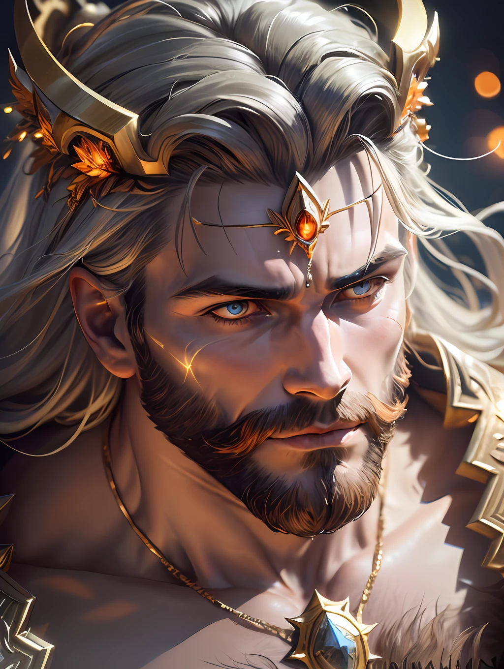 (Highest quality:1.3), A close up photo of Apollo God of beauty with a crown around his head (glowing orange crown:1.2) (in head:1.2), insanely handsome, fantasy art, perfect image, front picture 1024px, aerial photo, greek and templar aesthetics, adorned with precious gems, cg artist, ultra detailed portrait, struggling to remain relevant in age-old battles, mysterious (light hairy man:1.2), realistic motion action photo, (((hdr))), hyperdetailed, cinematic, cool lights, intricate details, muscle, looking to the viewer, perspective view, UHD, 64k, unreal.(highly detailed skin),  (detailed face), detailed background, dark lighting, twilight lighting, volumetric lighting,  intricate details, UHD
