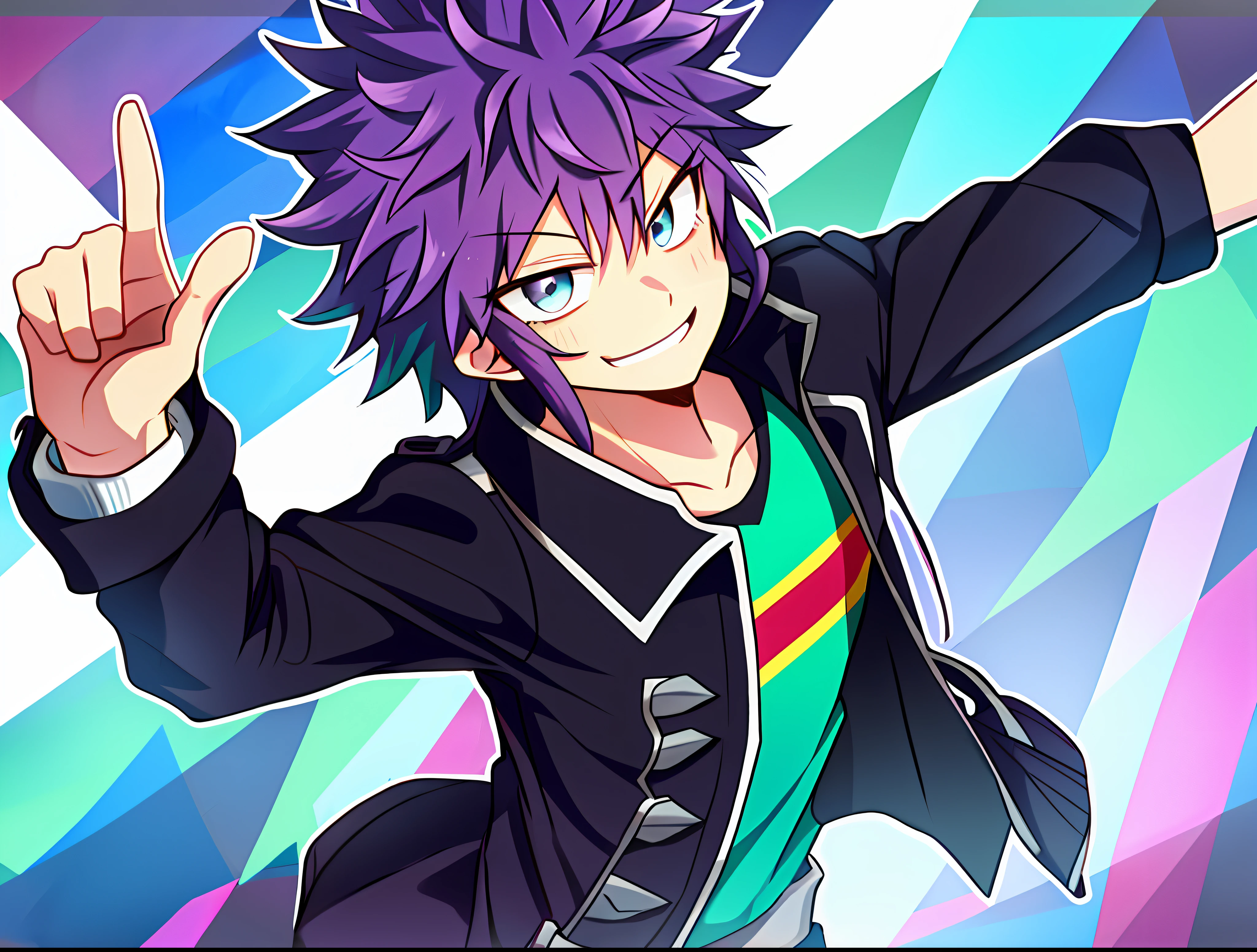 My Hero Academia art style, 1male, solo, Purple Curly Hair, turquoise eyes, Jacket, Black Jacket, Candy Background