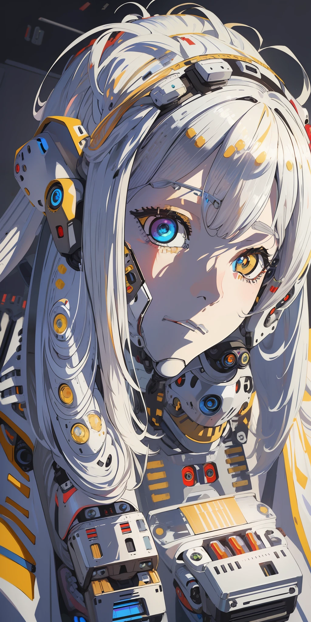 (masterpiece:1.4), (artwork:1.2), (soft and simple colors:1.2), (mechanical arms:1.1), (heterochromia+multicolored:1.33), (1girl:1:1), (long white hair with bangs), (portrait:1:1), (best disinger), (wearing robotic+technological robes:1:2), (extremely drawn eyes:1.3), (well-made iris+painted+perfection:0.8)0.7], (extremely detailed CG 8k unit wallpaper0.6), (machine shop scenario:1:1)
