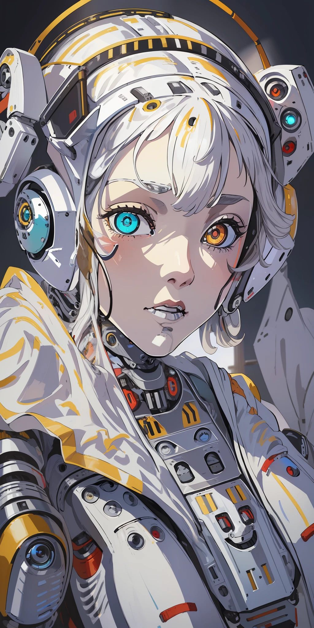 (masterpiece:1.4), (artwork:1.2), (soft and simple colors:1.2), (mechanical arms:1.1), (heterochromia+multicolored:1.33), (1girl:1:1), (long white hair with bangs), (portrait:1:1), (best disinger), (wearing robotic+technological robes:1:2), (extremely drawn eyes:1.3), (well-made iris+painted+perfection:0.8)0.7], (extremely detailed CG 8k unit wallpaper0.6), (machine shop scenario:1:1)