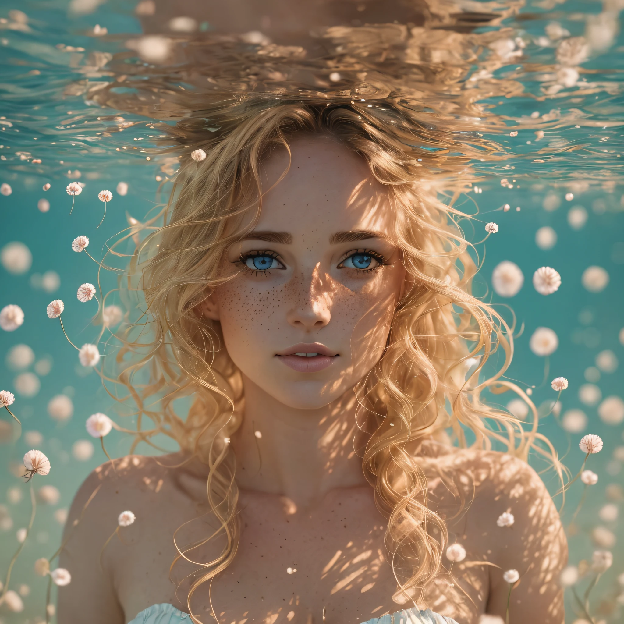Gorgeous sexy beautiful realistic woman with freckly breasts, underwater in her thirties on field with cotton and roses, with freckles and blonde curls and skindetails during golden hour, skin with beautiful nostalgic mood and freckles with emotive face with wet skin and petals falling and dandelion seeds flying and dramatic light play --auto --s2