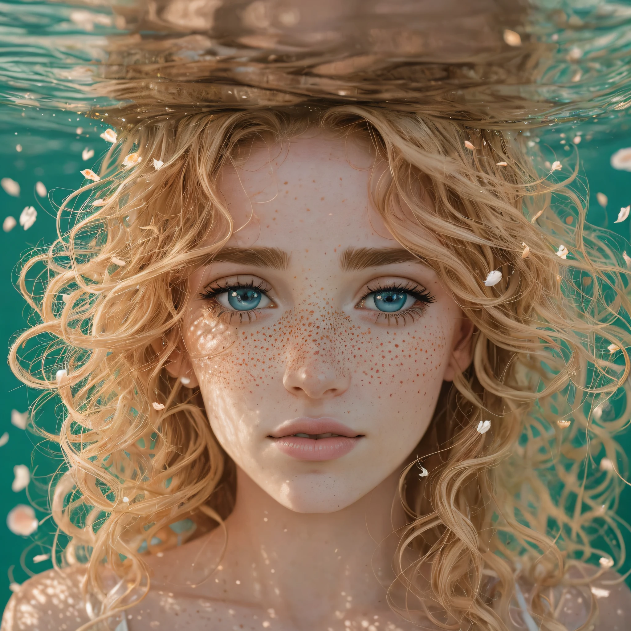 Gorgeous  beautiful realistic woman with freckly , underwater in her thirties on field with cotton and roses, with freckles and blonde curls and skindetails during golden hour, skin with beautiful nostalgic mood and freckles with emotive face with wet skin and petals falling and dandelion seeds flying and dramatic light play --auto --s2