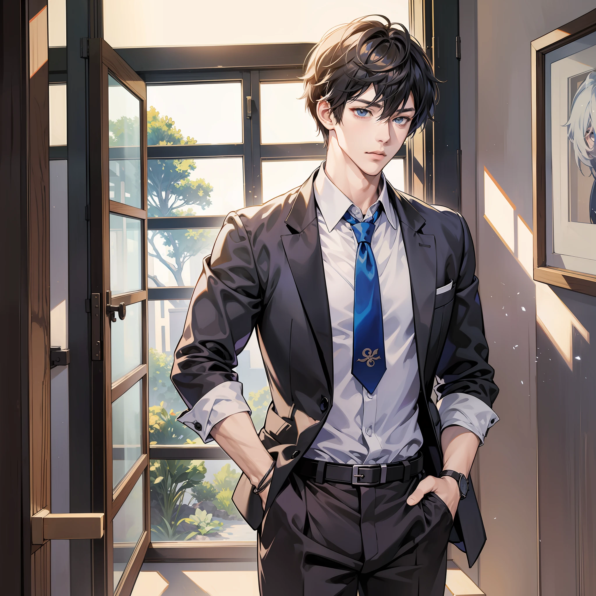 Short hair and tie anime characters standing in front of the window, anime handsome man, smooth anime CG art, handsome anime pose, Keqing from Genshin Impact, Shushu anime image, young anime person, anime moe art style, Shinkai Makoto style