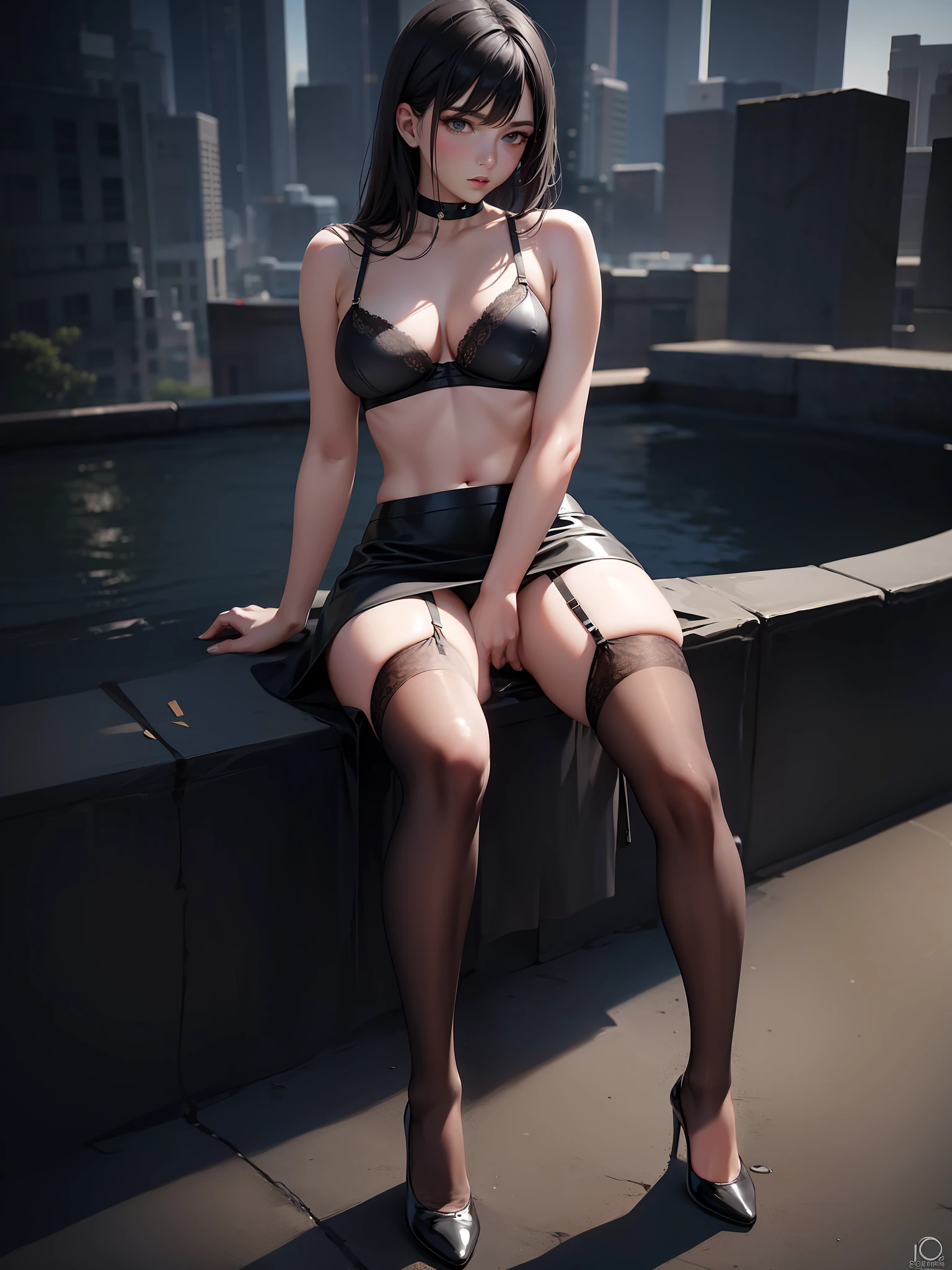 Black silk suspender stockings, stained with