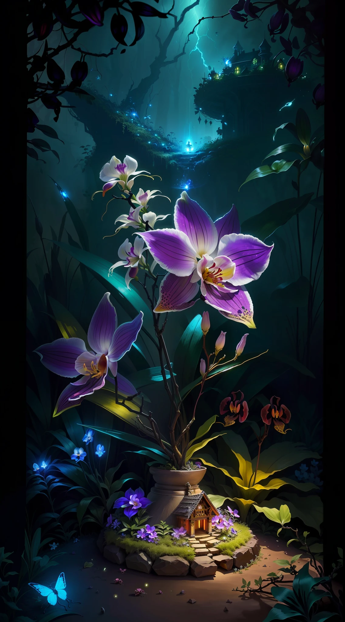 an exorcist style ant hill with beautiful orchids around and fireflies, it is surrounded by strange power,there are also some treasures around, with some magical visual effects, fantasy, ambiance hd, HDR, 4k upscalen v--4.