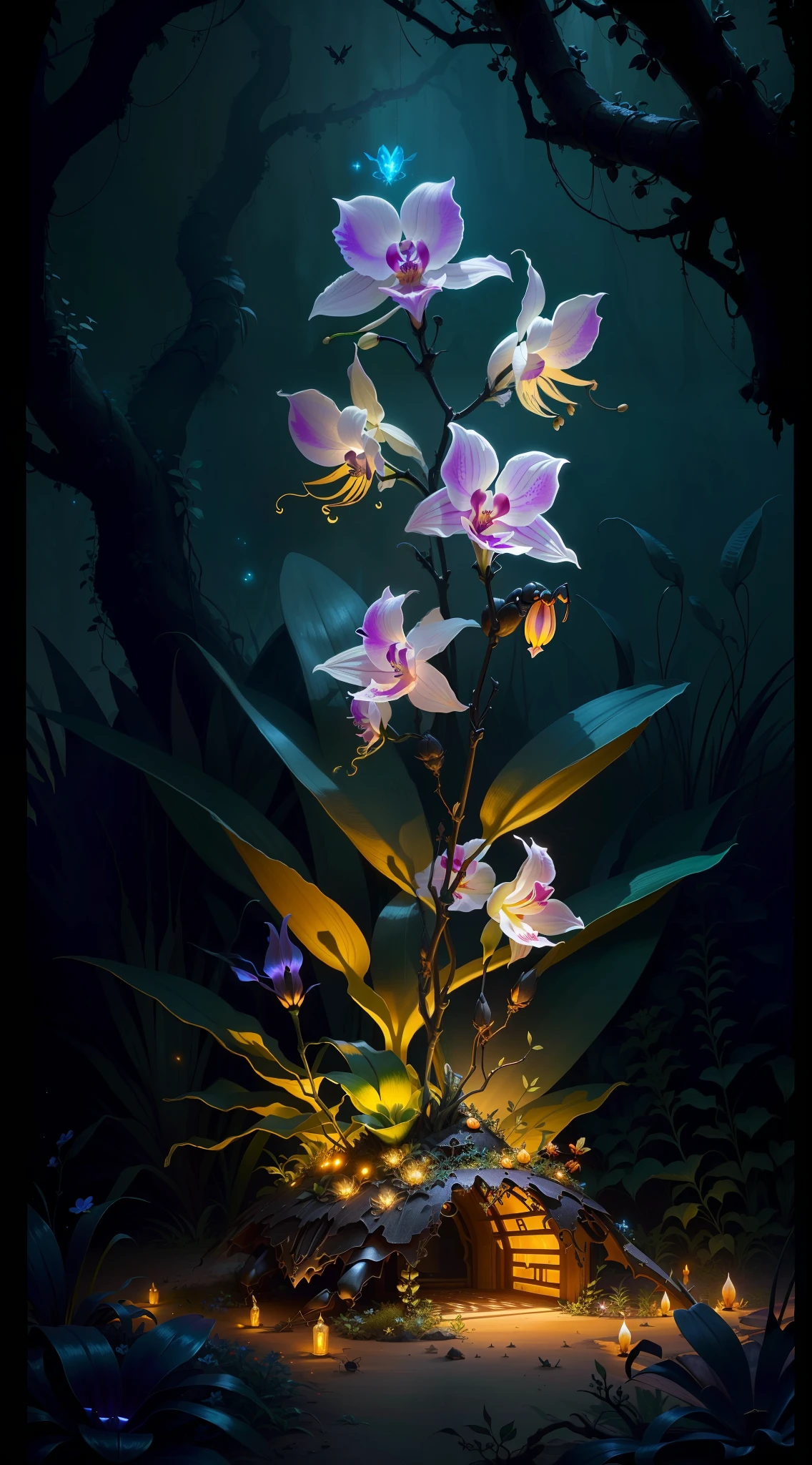 an exorcist style ant hill with beautiful orchids around and fireflies, it is surrounded by strange power,there are also some treasures around, with some magical visual effects, fantasy, ambiance hd, HDR, 4k upscalen v--4.