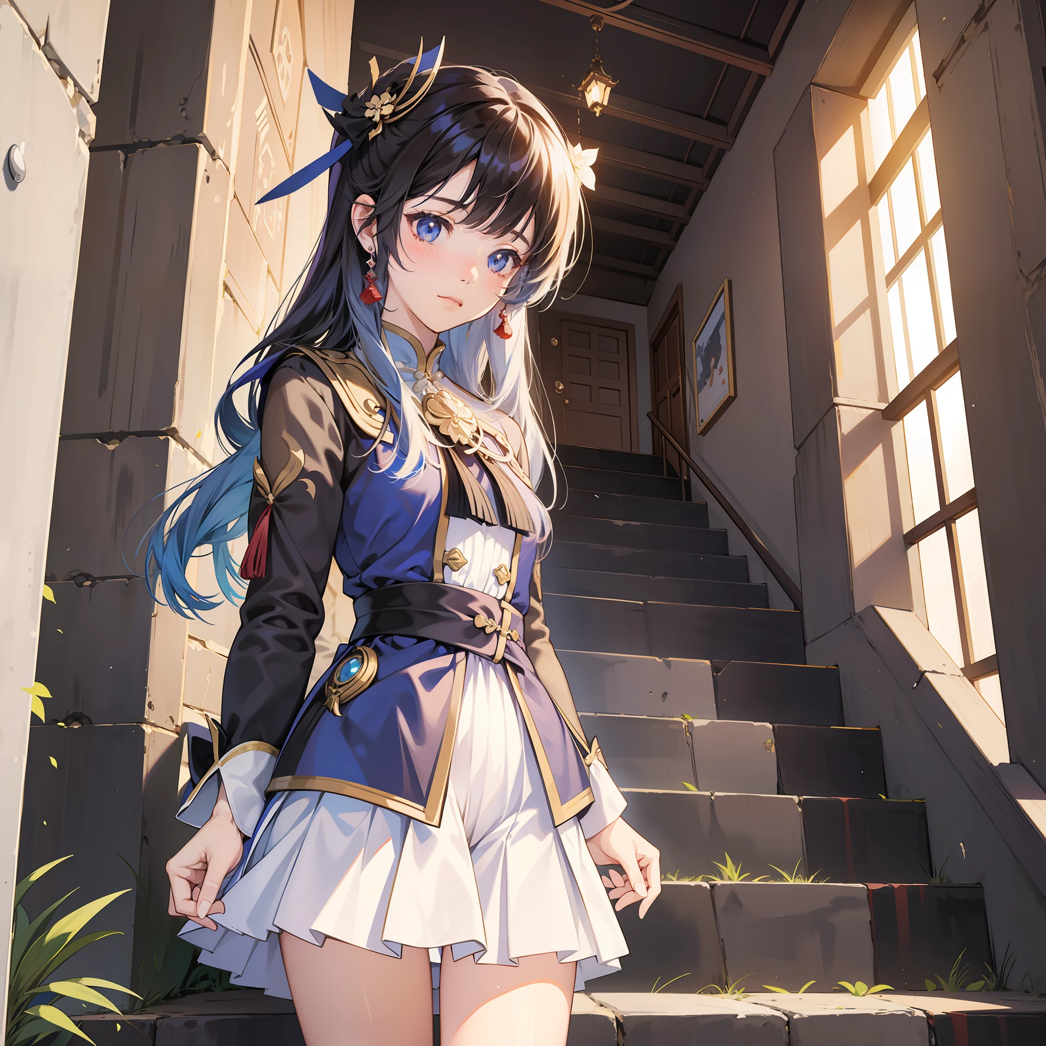 Anime Girl, Down the Stairs, White Skirt, Shy, Head Down, From Girl Front, Girl Front CG, Fine Details, Girl Front, Girl Front Style, Ayaka Genshin Impact, Visual Novel CG, Popular on CGstation