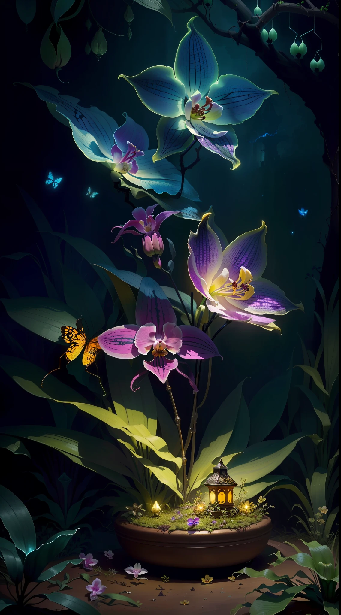 an exorcist style ant hill with beautiful orchids around and fireflies, it is surrounded by strange power,there are also some treasures around, with some magical visual effects, fantasy, ambiance hd, HDR, 4k upscalen v--4.