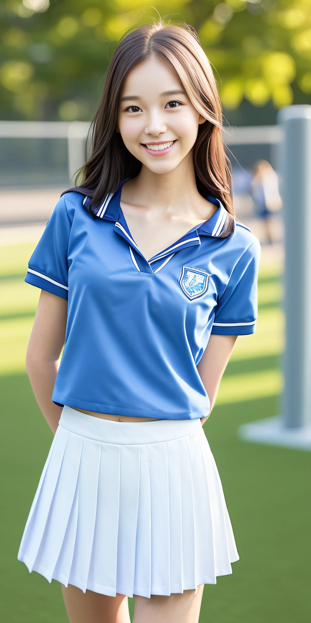 neat college girl, petite, (school uniform, summer clothes, short sleeves), outside the athletic field, (slim), photorealistic, detail, skin texture, ultra detail, delicate and sexy collarbone, smile, super detailed face, detailed lips, detailed eyes, breast emphasis