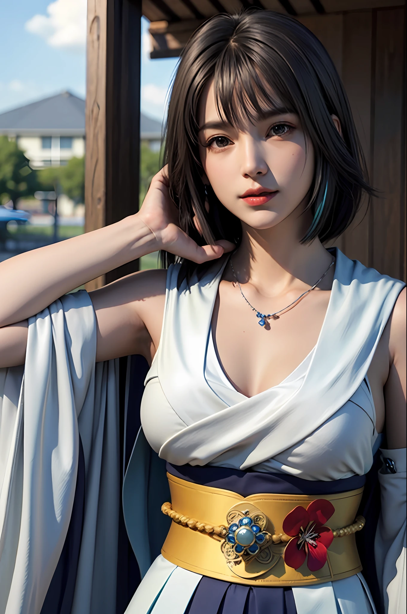 1 Girl, Solo, Jewelry, Parted sleeves, Necklace, Blue beaded earrings, Hakama skirt
Yuna FMX,
Ultra high resolution, photorealistic, highly detailed, detailed face, solo cute woman, ephemeral beauty, fantastic sky, blue sky, white clouds,
medium-breasted, (masterpiece, high quality), watch the viewer, bob cut, shiny skin,
Attractive, dreamy, ((thick bangs)), face up