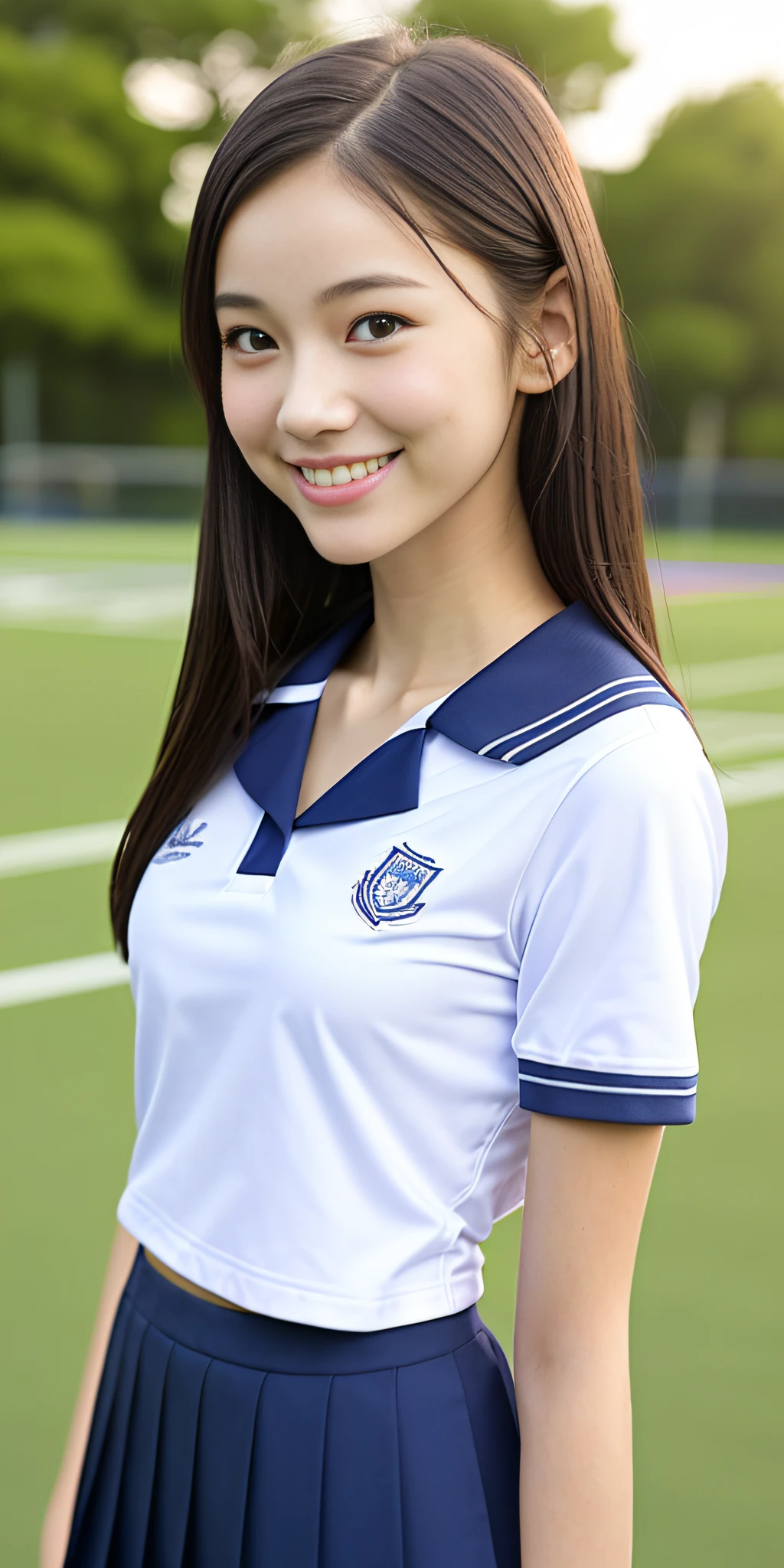 neat college girl, petite, (school uniform, summer clothes, short sleeves), outside the athletic field, (slim), photorealistic, detail, skin texture, ultra detail, delicate and sexy collarbone, smile, super detailed face, detailed lips, detailed eyes, breast emphasis