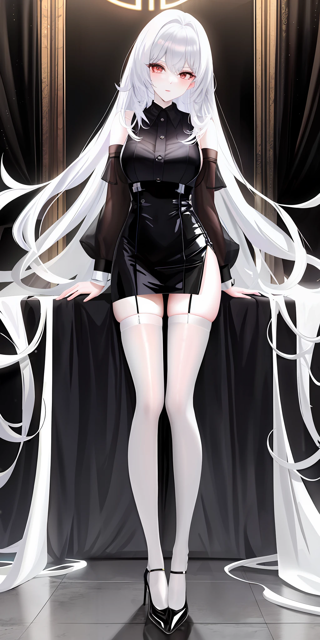 White skin beautiful long legs, sexy stockings, 8k, cute seduction, black silk, beautiful background