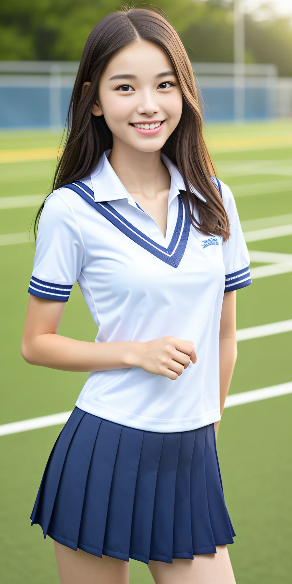 neat college girl, ite, (school uniform, summer clothes, short sleeves), outside the athletic field, (slim), photorealistic, detail, skin texture, ultra detail, delicate and sexy collarbone, smile, super detailed face, detailed lips, detailed eyes, breast emphasis