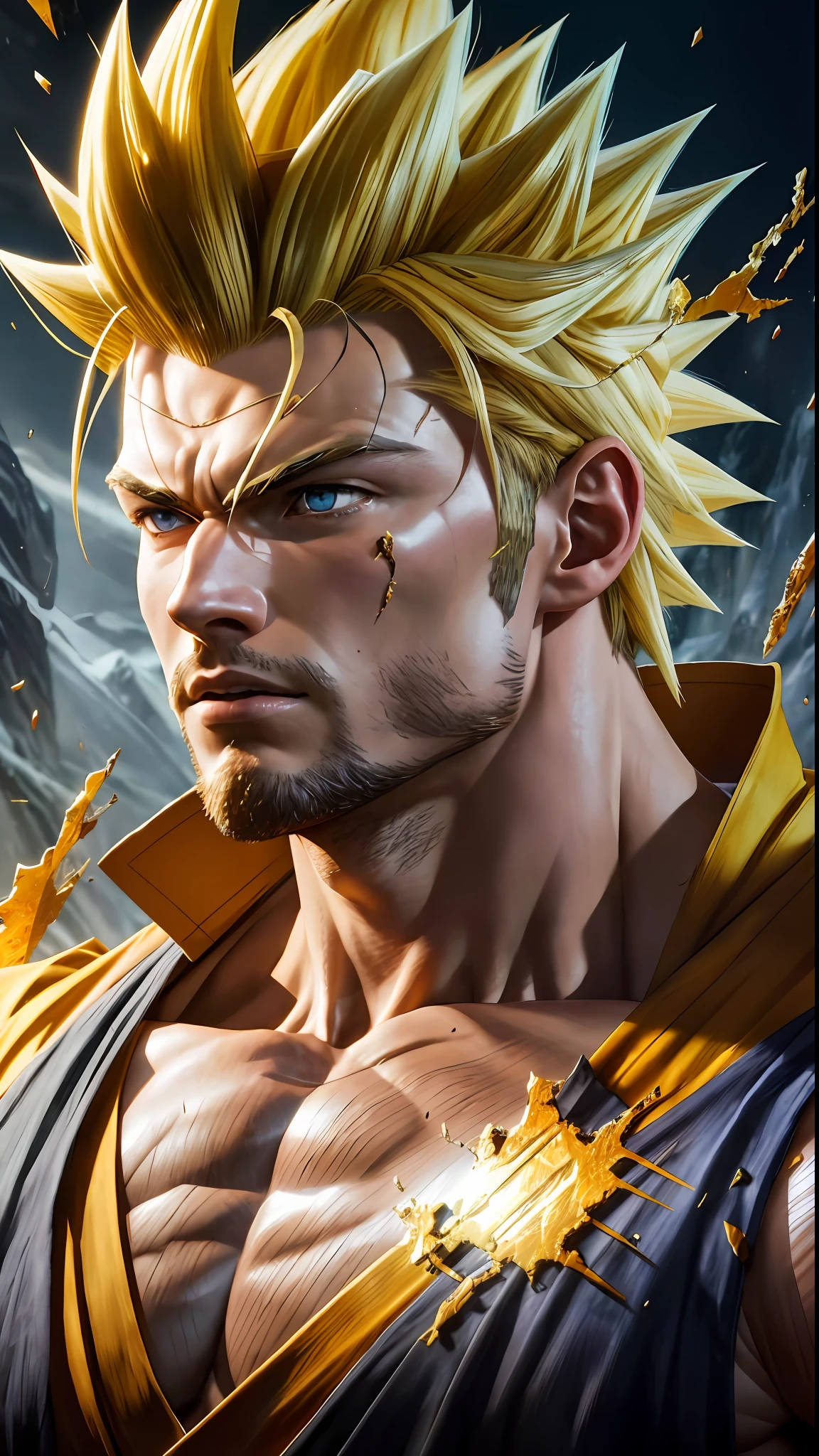 8k portrait of son goku muscular, intricate, elegant, highly detailed, majestic, digital photography, art by artgerm and ruan jia and greg rutkowski, yellow hair, blue eyes, beardless face, broken glass (masterpiece, side lighting, beautiful finely detailed eyes: 1.2 ), hdr,