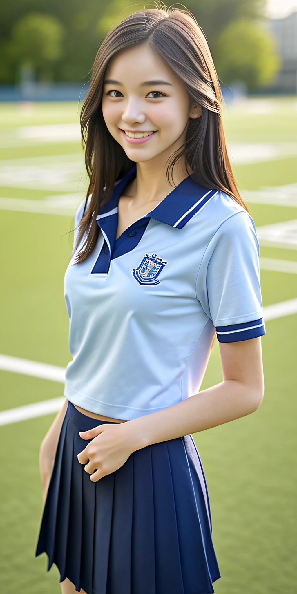 neat college girl, petite, (school uniform, summer clothes, short sleeves), outside the athletic field, (slim), photorealistic, detail, skin texture, ultra detail, delicate and sexy collarbone, smile, super detailed face, detailed lips, detailed eyes, breast emphasis
