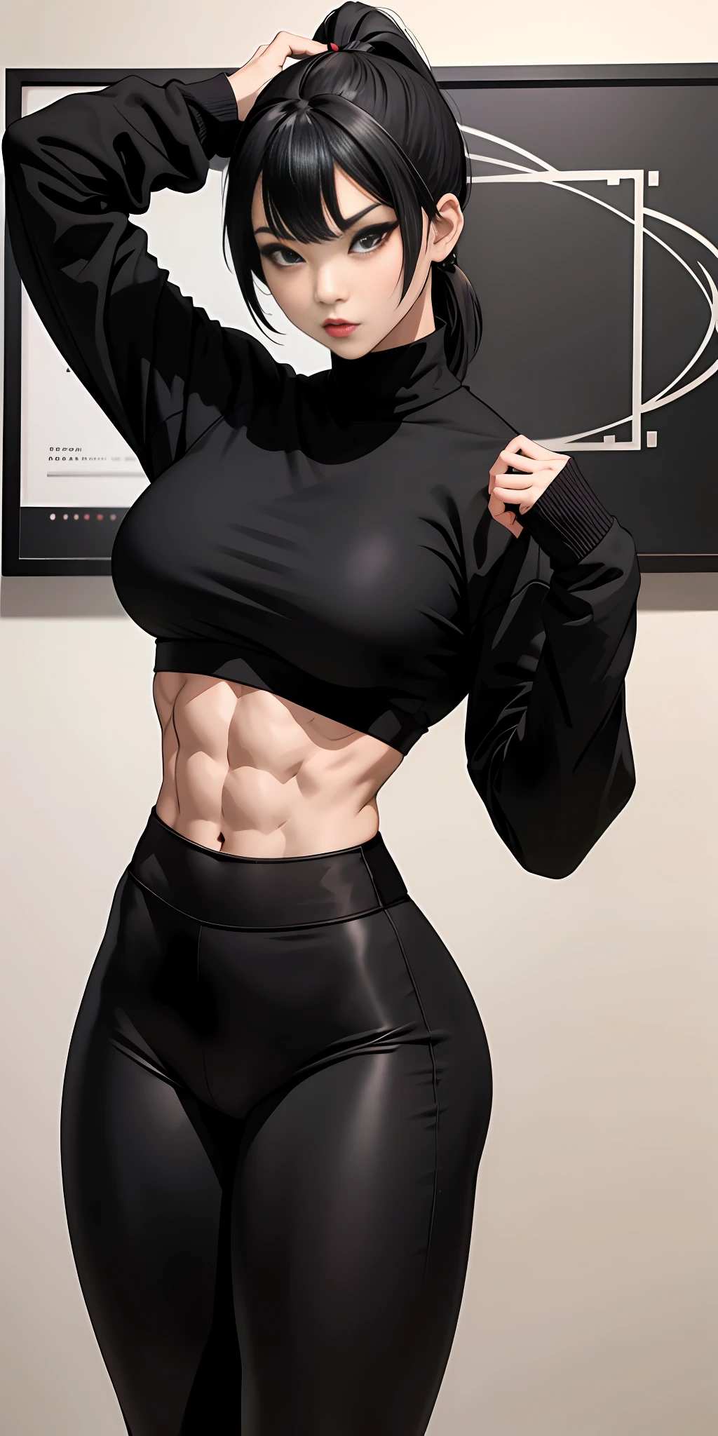 Boy, Asian, , adult, tattoo, lipstick, gothic, girl face, serious face, , black hair (ponytail with bangs),perfect body, fit body, thin waist, muscular, yoga pants, big sweatshirt