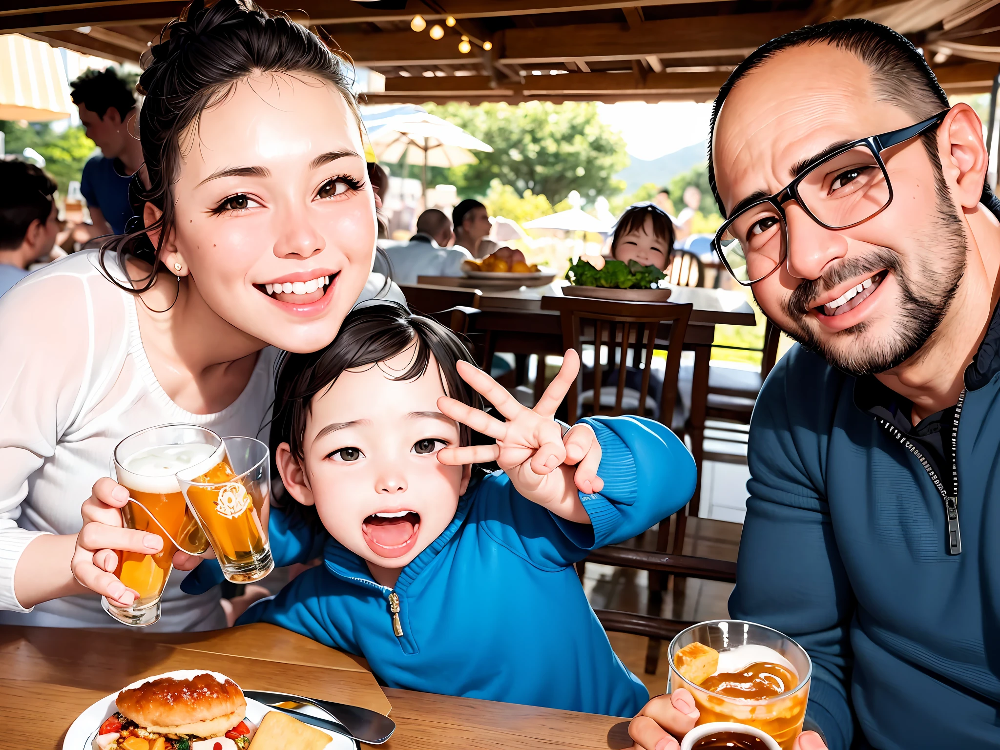 smiling family sitting at a table with a  and a glass of beer, husband wife and son, happy family, by Nándor Katona, family dinner, having a great time, family, family friendly, family photo, with a kid, in sao paulo, vacation photo, kid, not blurry, 2 5 yo, by Luis Miranda, foto realista