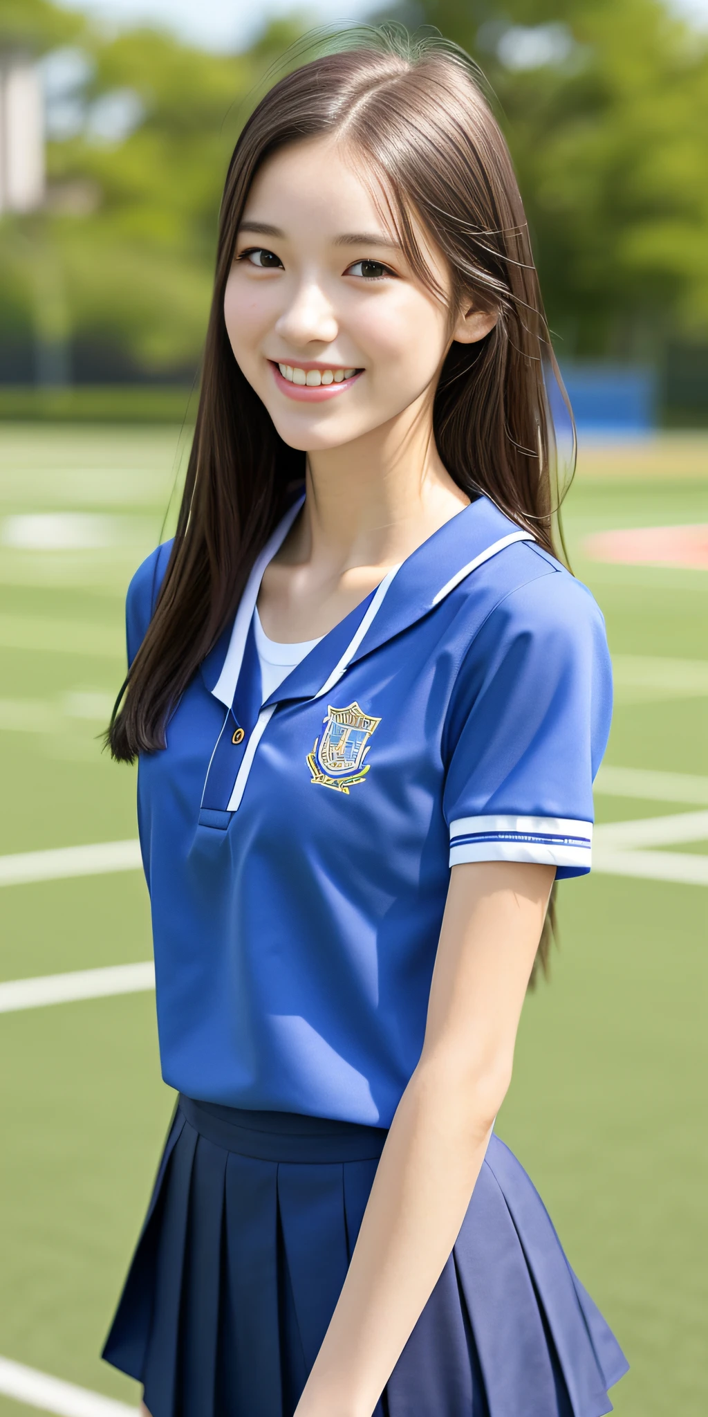 neat college girl, petite, (school uniform, summer clothes, short sleeves), outside the athletic field, (slim), photorealistic, detail, skin texture, ultra detail, delicate and sexy collarbone, smile, super detailed face, detailed lips, detailed eyes, breast emphasis