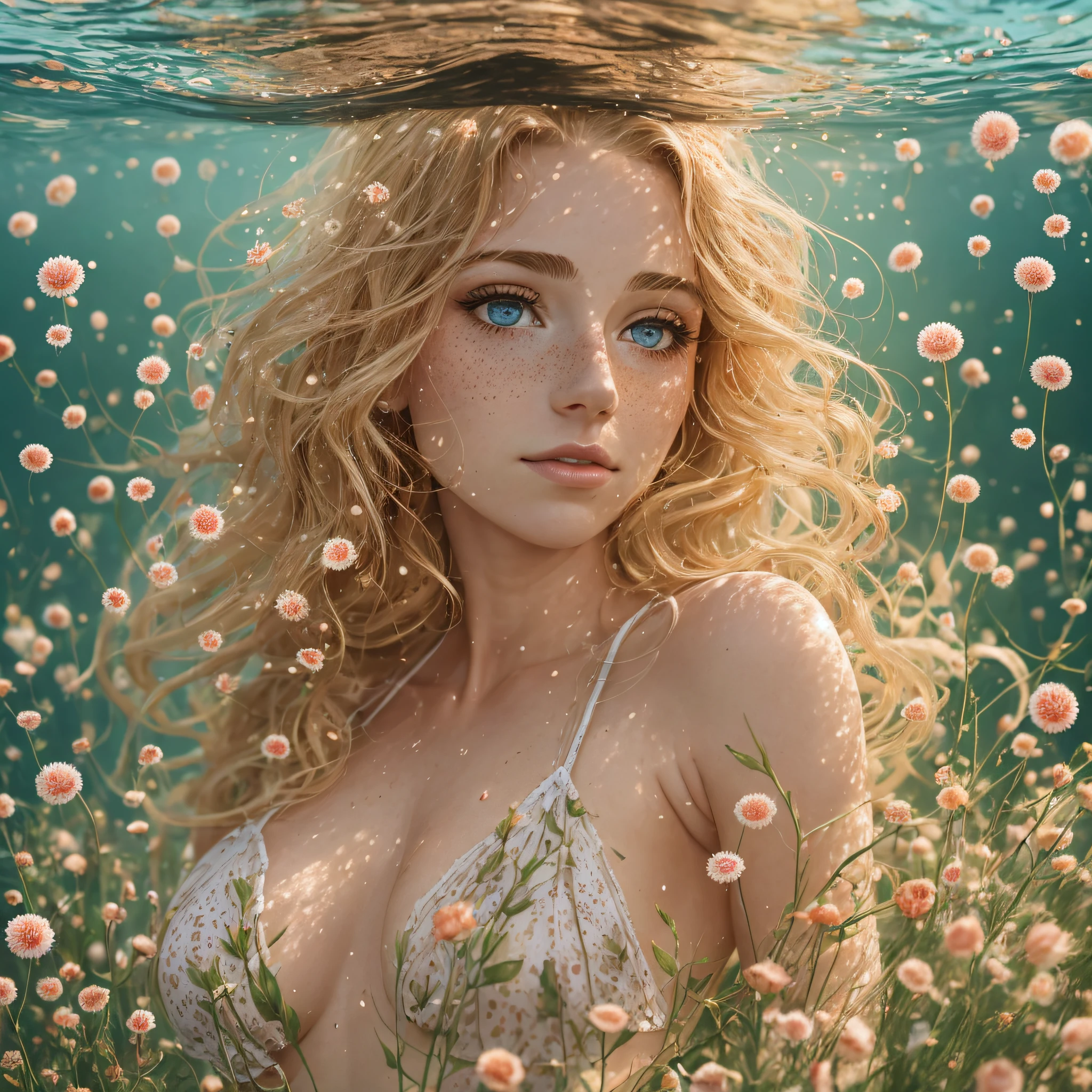 Gorgeous sexy beautiful realistic woman with freckly breasts, underwater in her thirties on field with cotton and roses, with freckles and blonde curls and skindetails during golden hour, skin with beautiful nostalgic mood and freckles with emotive face with wet skin and petals falling and dandelion seeds flying and dramatic light play --auto --s2