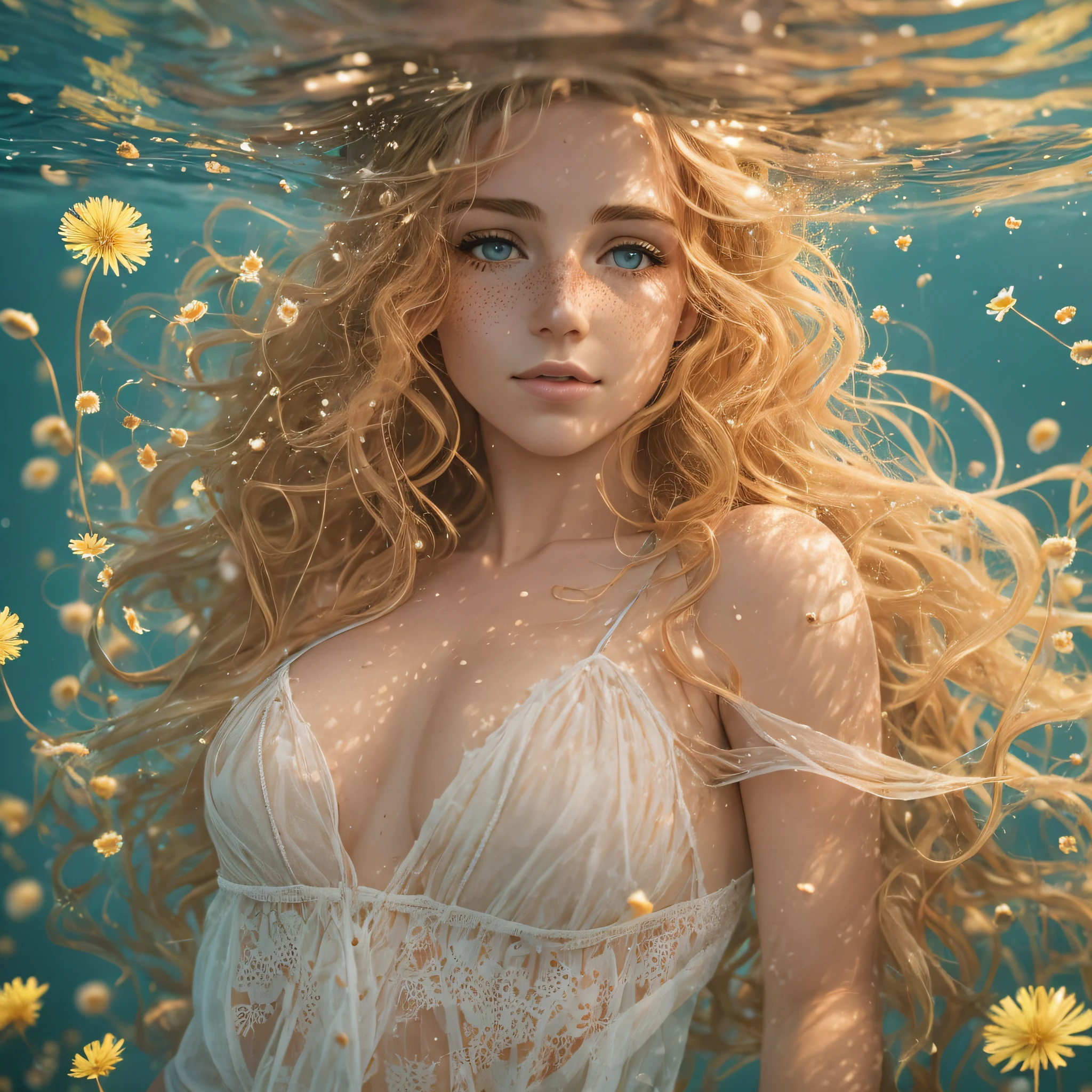 Gorgeous sexy beautiful realistic woman with freckly breasts, underwater in her thirties on field with cotton and roses, with freckles and blonde curls and skindetails during golden hour, skin with beautiful nostalgic mood and freckles with emotive face with wet skin and petals falling and dandelion seeds flying and dramatic light play --auto --s2