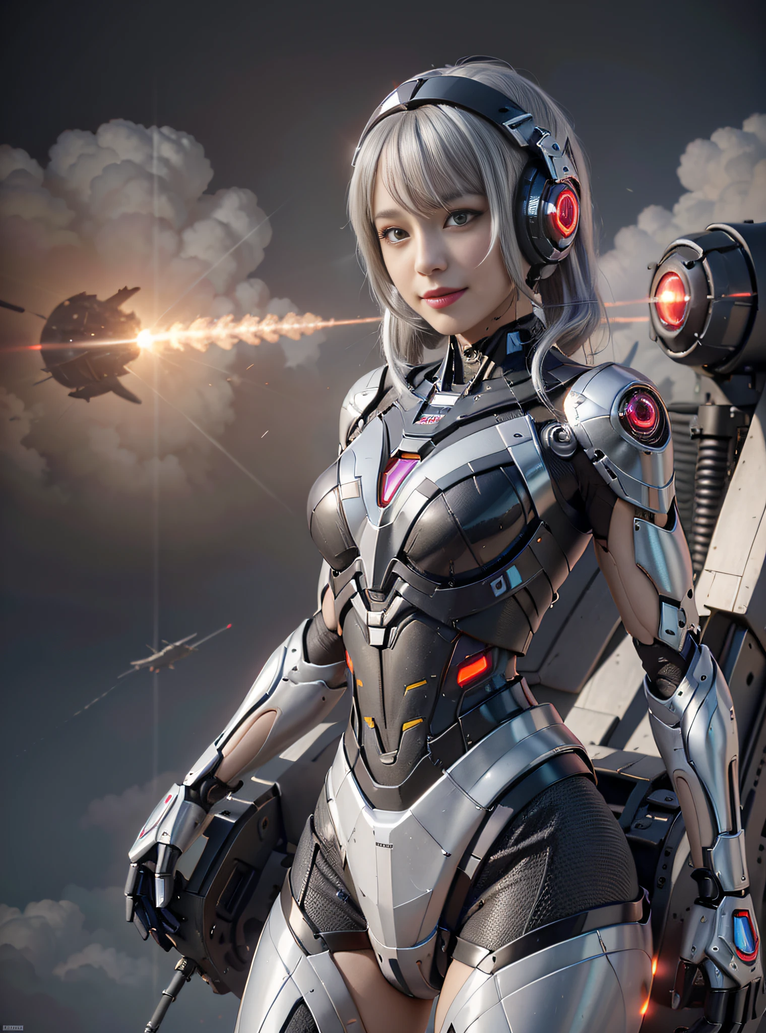 8K, Best Quality, Masterpiece, Ultra High Resolution, (Realism: 1.4), Girl Futuristic Skirt, Electronics Skirt, Wearing Futuristic Pilot's Helmet, (Red Pupils), ((Red Crystal Eyes)), In the cockpit of the mecha, black clouds, lightning, background of aerial battlefield, Falling plane, Flying anti-aircraft missiles, Exploding flames, Mechanically built birds, Real women, Real breasts, Deep cleavage, Real face, cute girl, smile, Perfect cyborg girl with sci-fi headset, beautiful female , beautiful girl cyborg, silver hair, manipulator, CG,