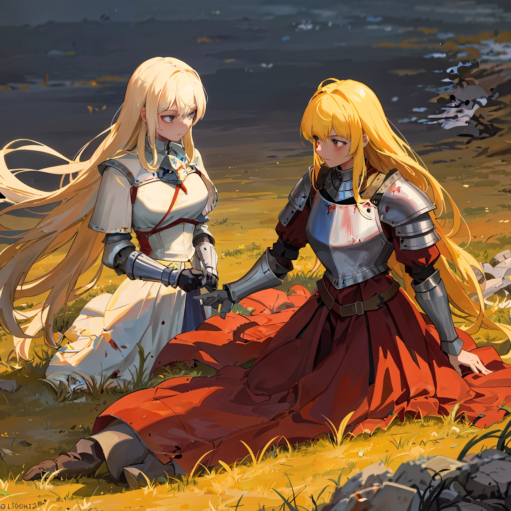 Tens of thousands of medieval armies fought brutally on the plains, with corpses strewn across the battlefield, rivers of blood, blood splattered and sprayed everywhere. One of the beautiful yellow-haired girls, wearing blue medieval armor, fights with another beautiful girl, a girl in red medieval armor