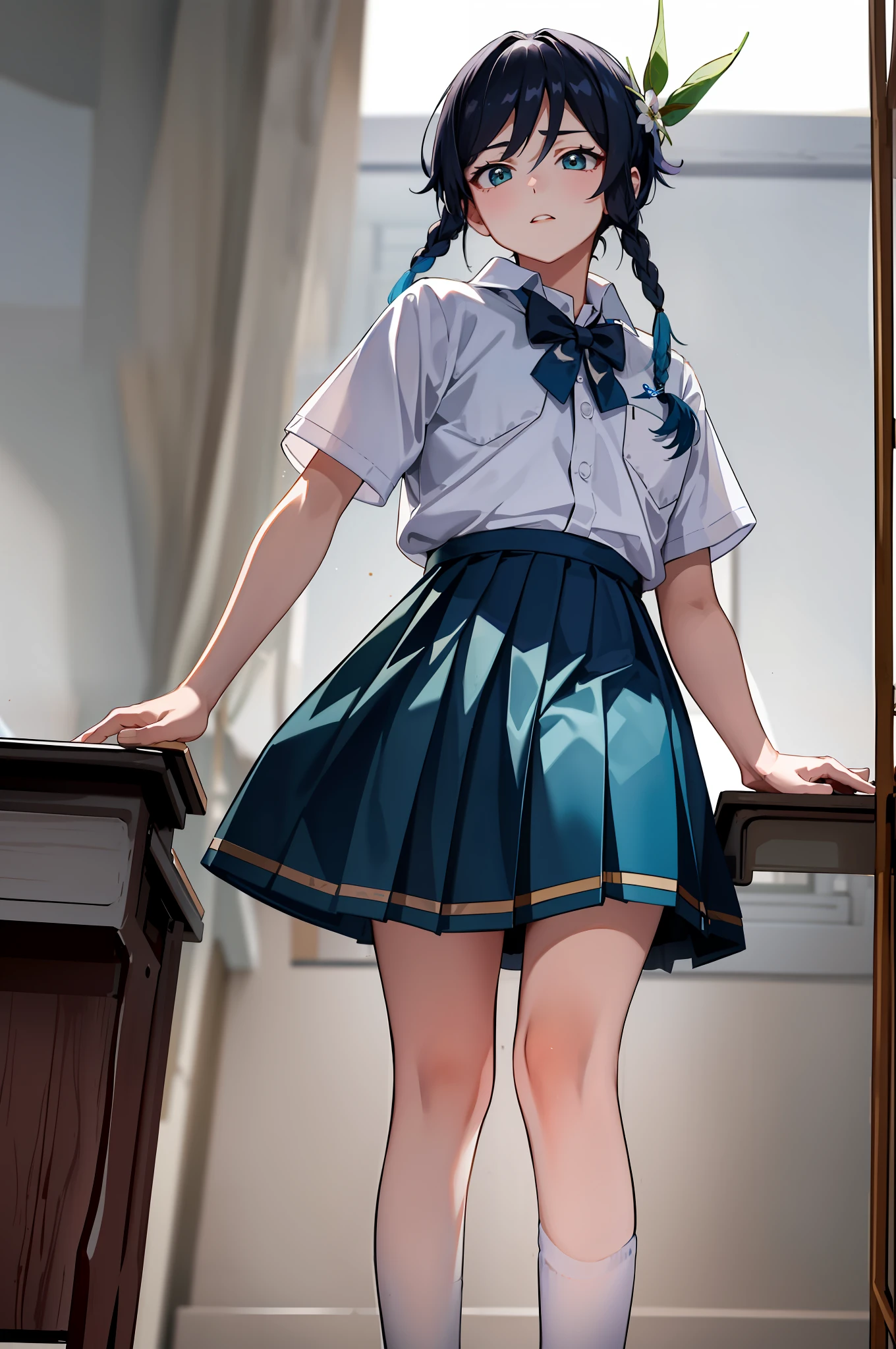 ((masterpiece)),((best quality)), absurdres, 1boy, 蹲女牛仔姿势, pov, 校服, (classroom:1.1), sunlight, (half-closed eyes:0.4), (parted lips:1.4 ), (鼻红:1.2), 浅笑, (school uniform:1.5), venti_(genshin impact), 双麻花辫，可爱的脸，twin braids