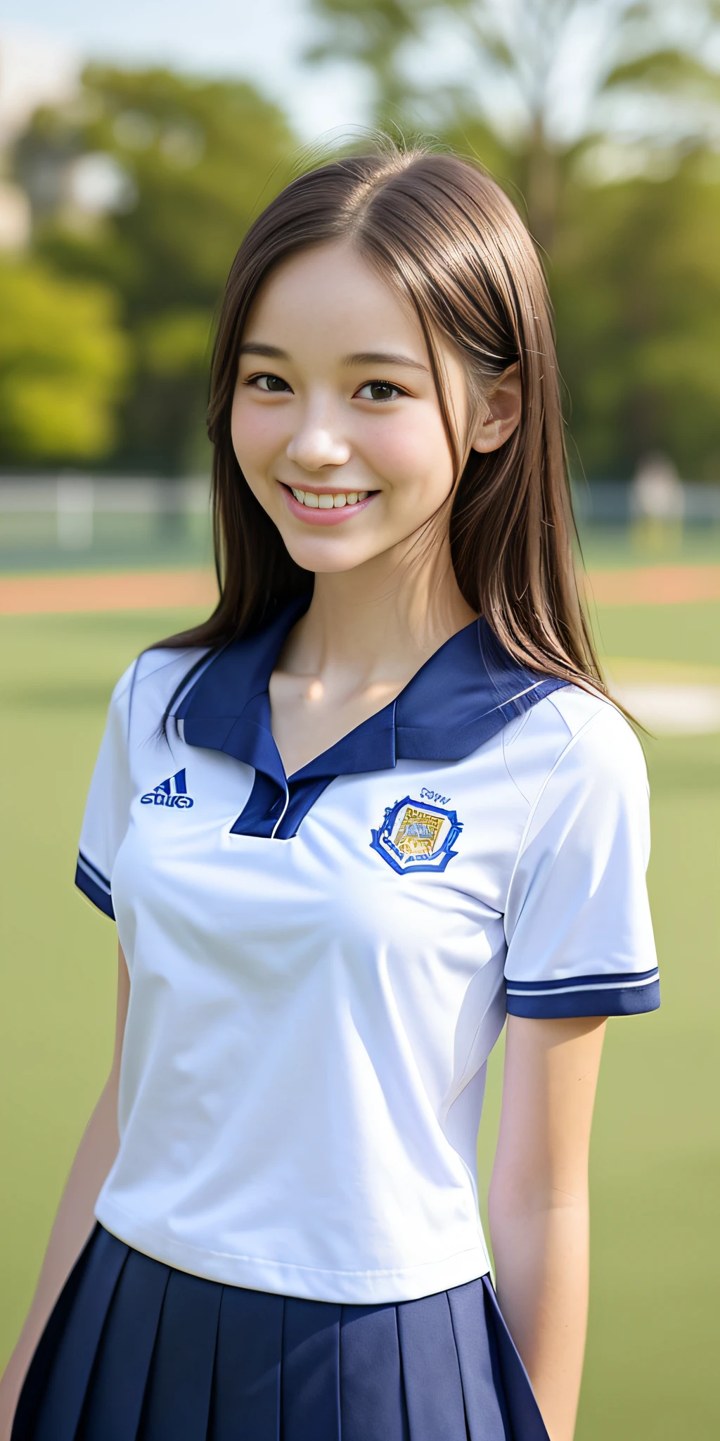 neat college girl, petite, (school uniform, summer clothes, short sleeves), outside the athletic field, (slim), photorealistic, detail, skin texture, ultra detail, delicate and sexy collarbone, smile, super detailed face, detailed lips, detailed eyes, breast emphasis