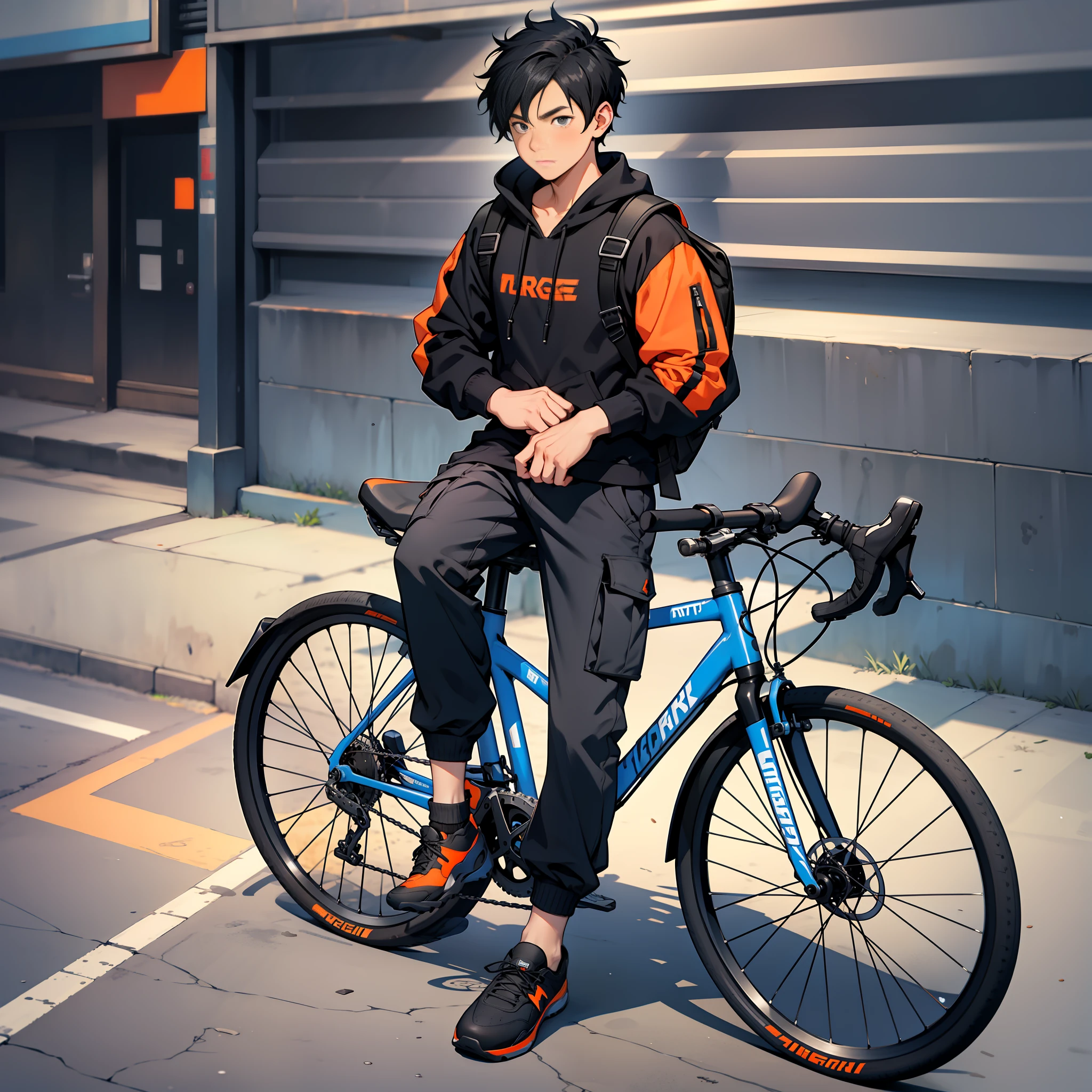 A boy with short black hair, carrying an orange backpack, dark blue sweatshirt, black cargo pants, black and white shoes, riding a bicycle