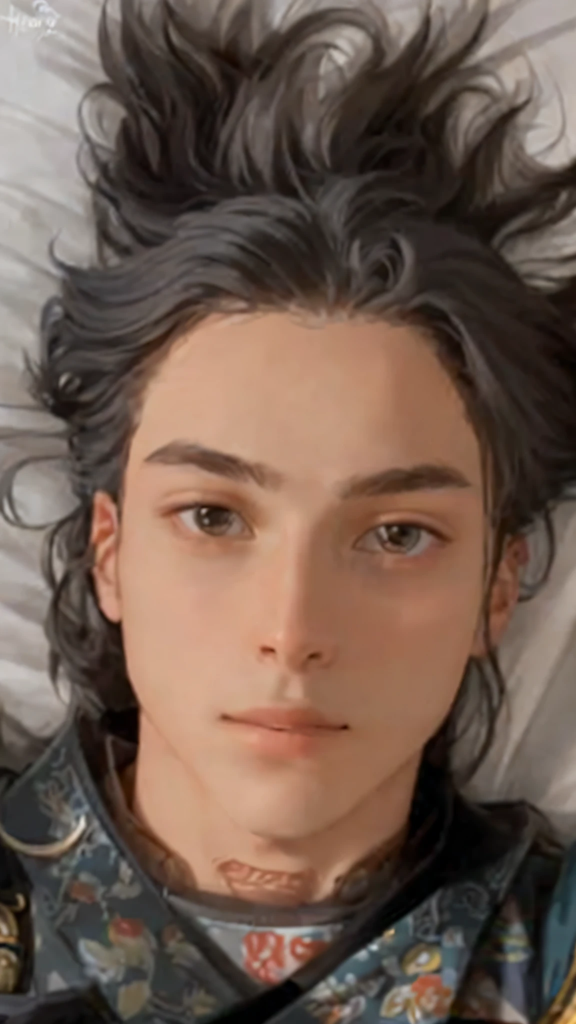 arafed man laying on a bed with his hair in the air, taken in the early 2020s, profile photo, androgynous face, 18 years old, 1 6 years old, halfbody headshot, androgynous person, delicate androgynous prince, tommy 1 6 years old, beautiful androgynous prince, headshot profile picture