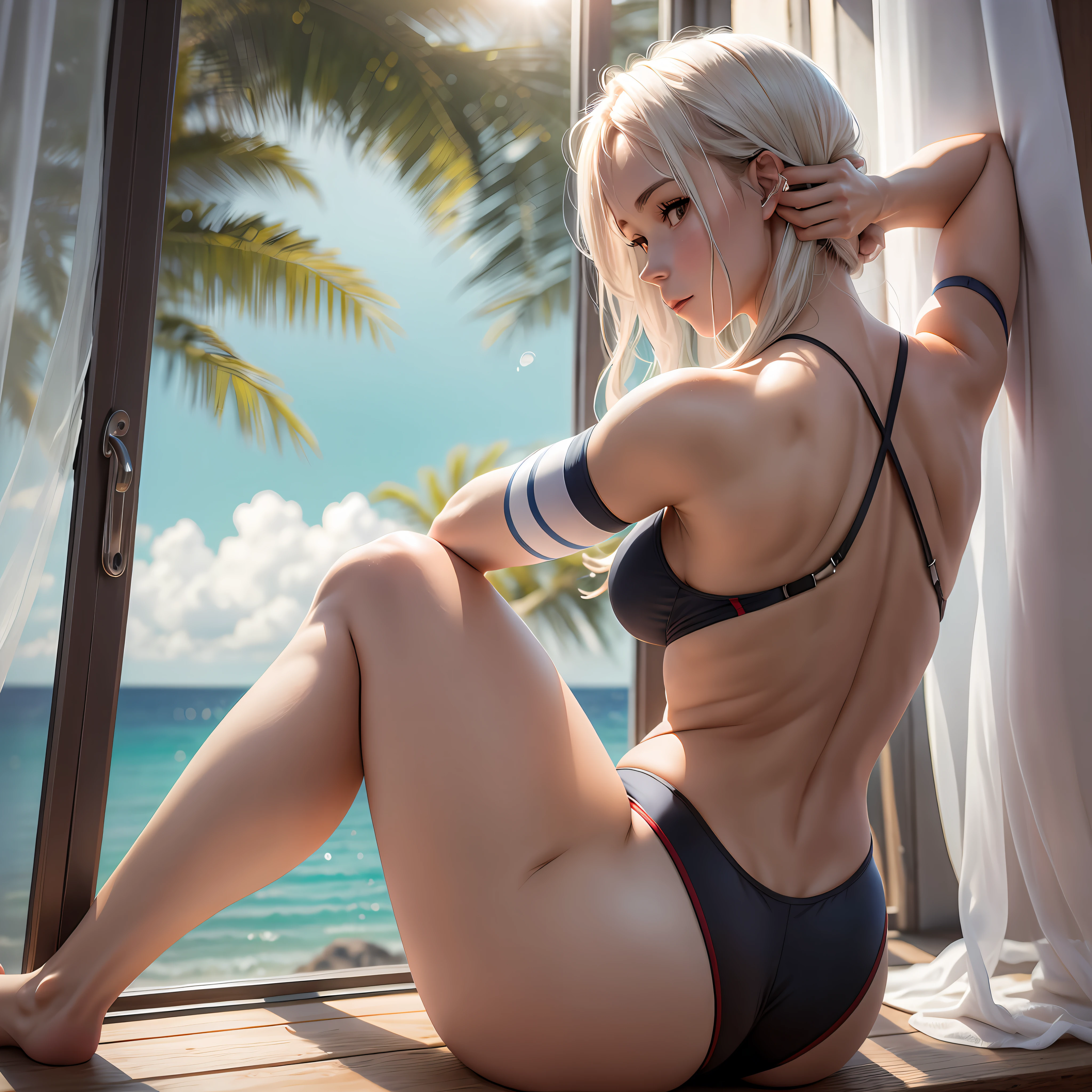 Professional photo, defined muscles, female back, girl sitting on her back on a wooden bench, bottom of a window overlooking the sea, large white curtain, sunshine