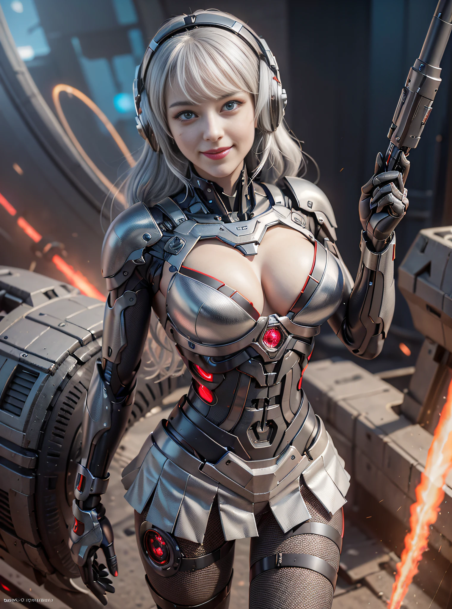 8K, Best Quality, Masterpiece, Ultra High Resolution, (Realism: 1.4), Girl Futuristic Skirt, Electronics Skirt, Wearing Futuristic Pilot's Helmet, (Red Pupils), ((Red Crystal Eyes)), In the cockpit of the mecha, black clouds, lightning, background of aerial battlefield, Falling plane, Flying anti-aircraft missiles, Exploding flames, Mechanically built birds, Real women, Real breasts, Deep cleavage, Real face, cute girl, smile, Perfect cyborg girl with sci-fi headset, beautiful female , beautiful girl cyborg, silver hair, manipulator, CG,