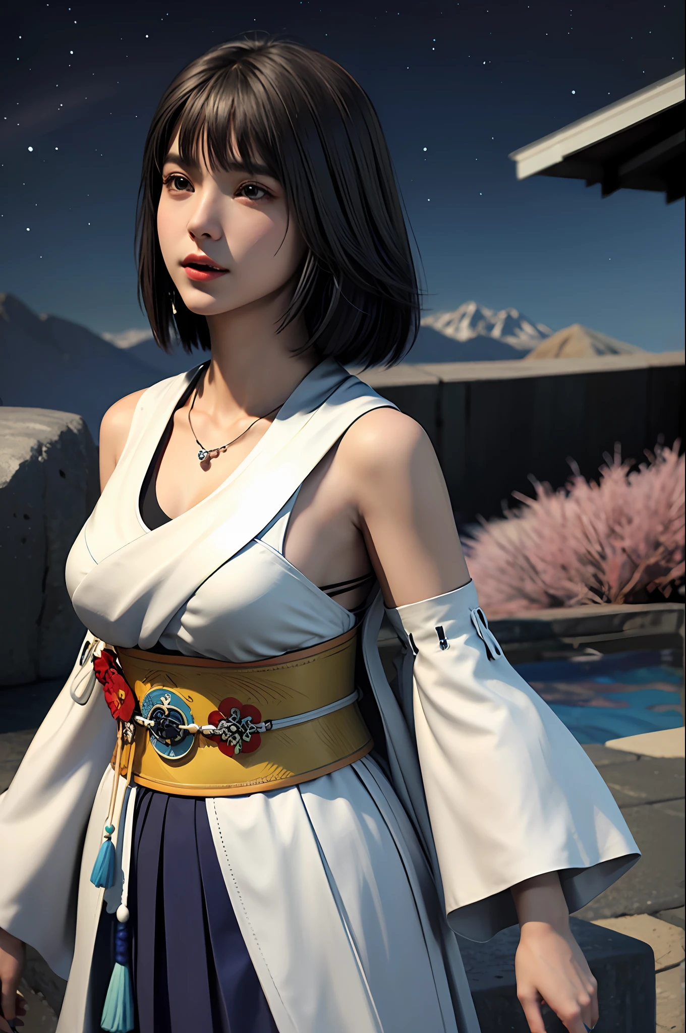 1 Girl, Solo, Jewelry, Parted sleeves, Necklace, Blue beaded earrings, Hakama skirt
Yuna FMX,
Ultra high resolution, photo, photorealistic, highly detailed, detailed face, solo cute woman, ephemeral beauty, fantastic sky, blue sky, white clouds, refreshing sky, soap bubbles flying,
medium-breasted, (masterpiece, high quality), watch the viewer, bob cut, shiny skin,
Attractive, dreamy, ((thick bangs)), face up