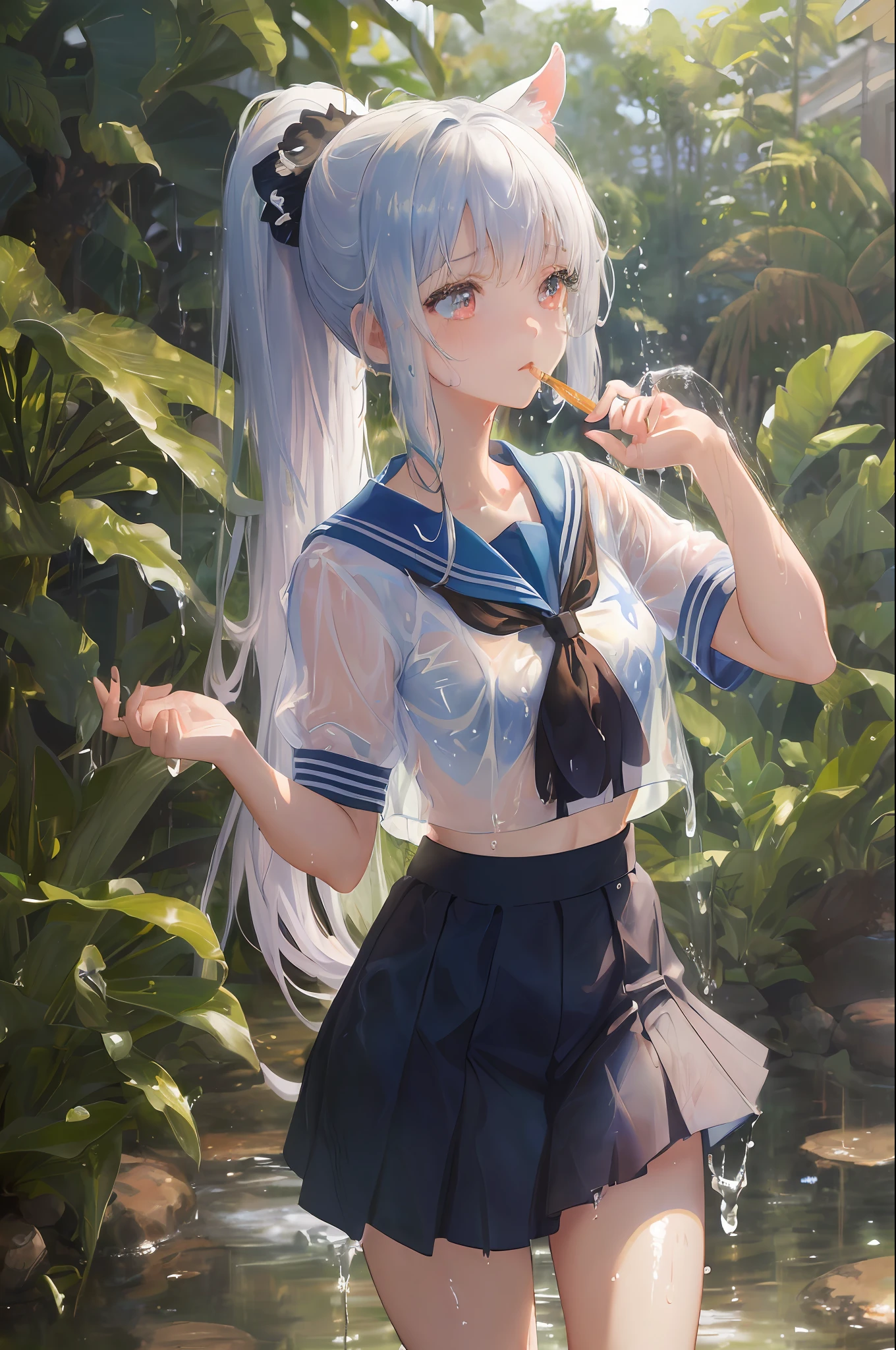 Cornflower art, dreamy, (masterpiece, top quality, perfect anatomy, beautiful face, realistic, super detailed, 1 girl, 18 ears senile, solo, depth of field, canon 24mm lens, f1.4, cute_girl, sailor_ collar, clear facial features, short sleeves, small breasts, slender stature, height 170, barefoot, double ponytail, bangs, gravure pose, outdoor, jungle, Blurred background, (Uwabaki: 1.1576)) Drenched all over body, clear liquid dripping from the crotch, the front of the shirt is exposed, the breasts are visible, transparent bra, light blue striped buns, physiology,