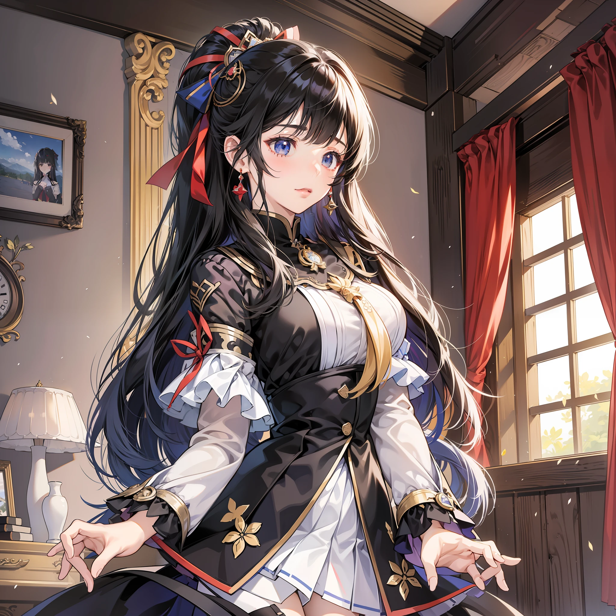 In the room, anime girls, long black hair, white skirts, shy, nervous bows, from girl front, girl front CG, fine details, girl front, girl front style, Ayaka Genshin impact, visual novel CG, popular on CGstation