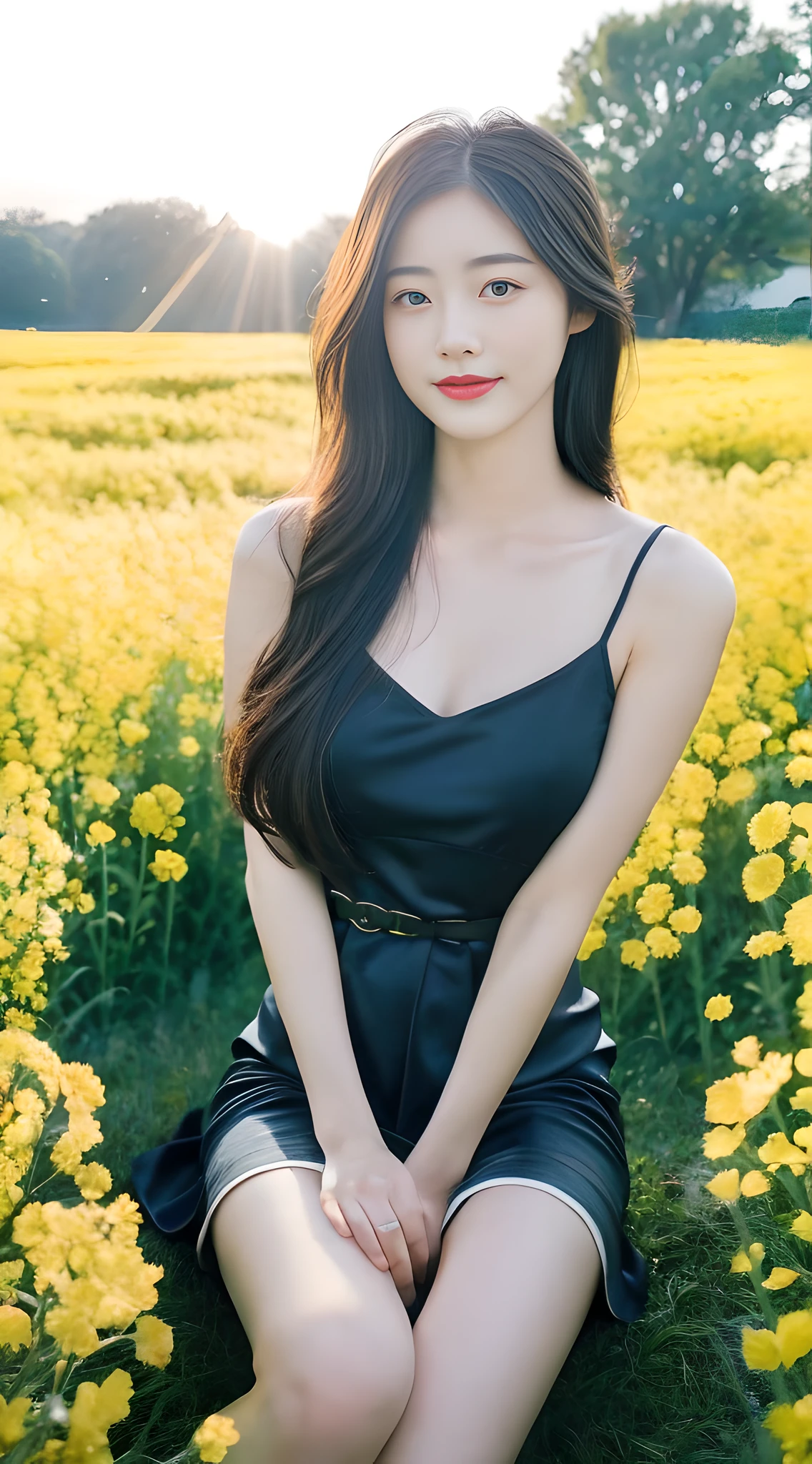((Best Quality, 8K, Masterpiece: 1.3)), girl around 20 years old, simple, extremely beautiful and delicate, (light makeup), black hair, sweet smile, delicate and beautiful fair skin, realistic and realistic, delicate and complete facial features, detailed facial portrayal, obsidian-like beautiful big eyes, high nose bridge, red lips, beautiful gentle beautiful girl, flowing smooth hair, extremely delicate hair, feminine temperament, face light, surreal, realistic, 8K picture quality, extreme details, realistic details, master works , Realistic extreme, body, absolutely beautiful, pure desire, stunning beauty, peerless beauty, highest image quality, 8k resolution, goddess, smile, fine facial features, long hair and waist, long thick legs, beautiful short dress, sunshine, facing the camera, well-proportioned and firm figure, gentle eyes, exposed thighs, sitting in a beautiful rape flower field,