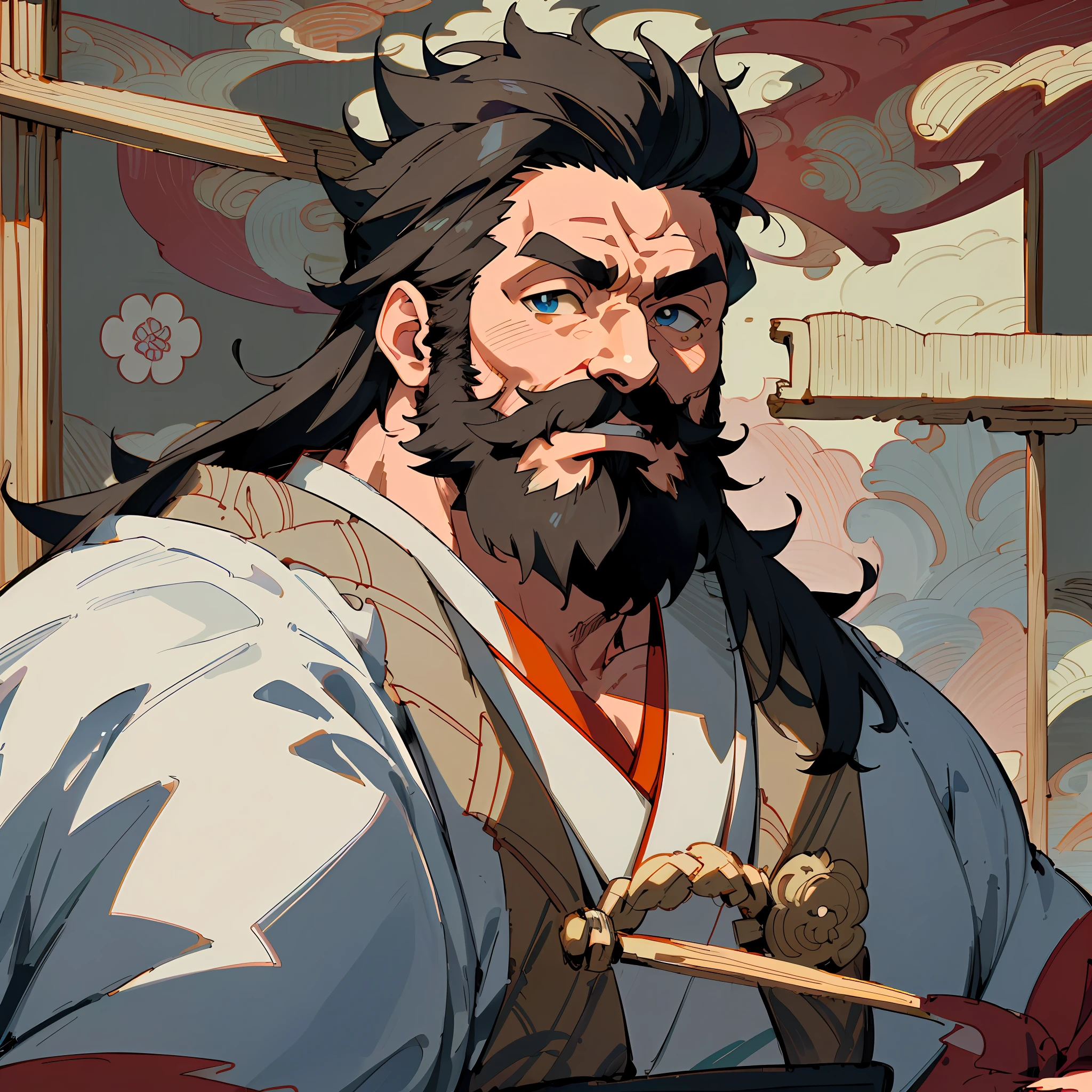 (High quality, masterpiece, Japanese anime, two-dimensional, beautiful eyes, extremely detailed background, 8k wallpaper, extremely detailed face) Uncle, slightly chubby body, strong muscles, beard, hopeful eyes, bright eyes, blue eyes, mature and steady, sophisticated, white short sleeves, Onmyoji portrait, Miyamoto Musashi, detailed anime character art, background for pavilion