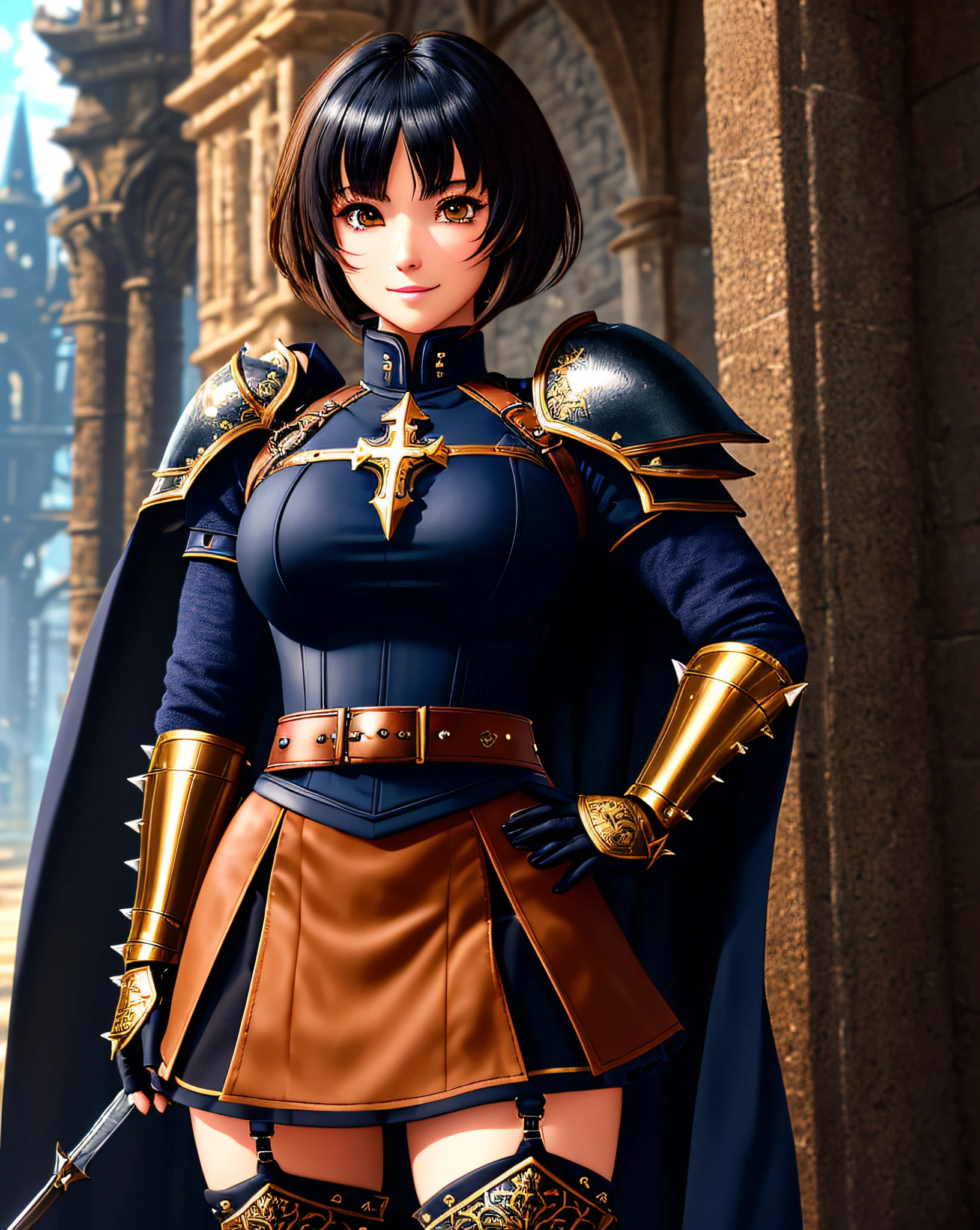 Masterpiece, Ultra detailed, great composition, fantasy, high quality, intricate details, beautiful detailed eyes, {Anime Style}, ray tracing, perfect anatomy, {{chromatic aberration}}, absurdres, (Ragnarok Online), {{chivalry aesthetic}}, (gothic architecture), outdoors, (knight chivalry), detailed hair, textile shading, dynamic light, dynamic angle, {{Extremely detailed eyes}}, (seductive smile), (hands on hips), ((((solo)))), short hair, ((navy blue hair)), ((tan)), (((detailed boobplate))), breastplate, pauldrons, cross, red cape, gauntlets, spiked gauntlets, black belt, pink skirt, (((miniskirt))), ((black legwear)), kneehighs, ((armored boots)), (((amber brown eyes))), (((((27 years old))))), lightly toned, (handsome woman)