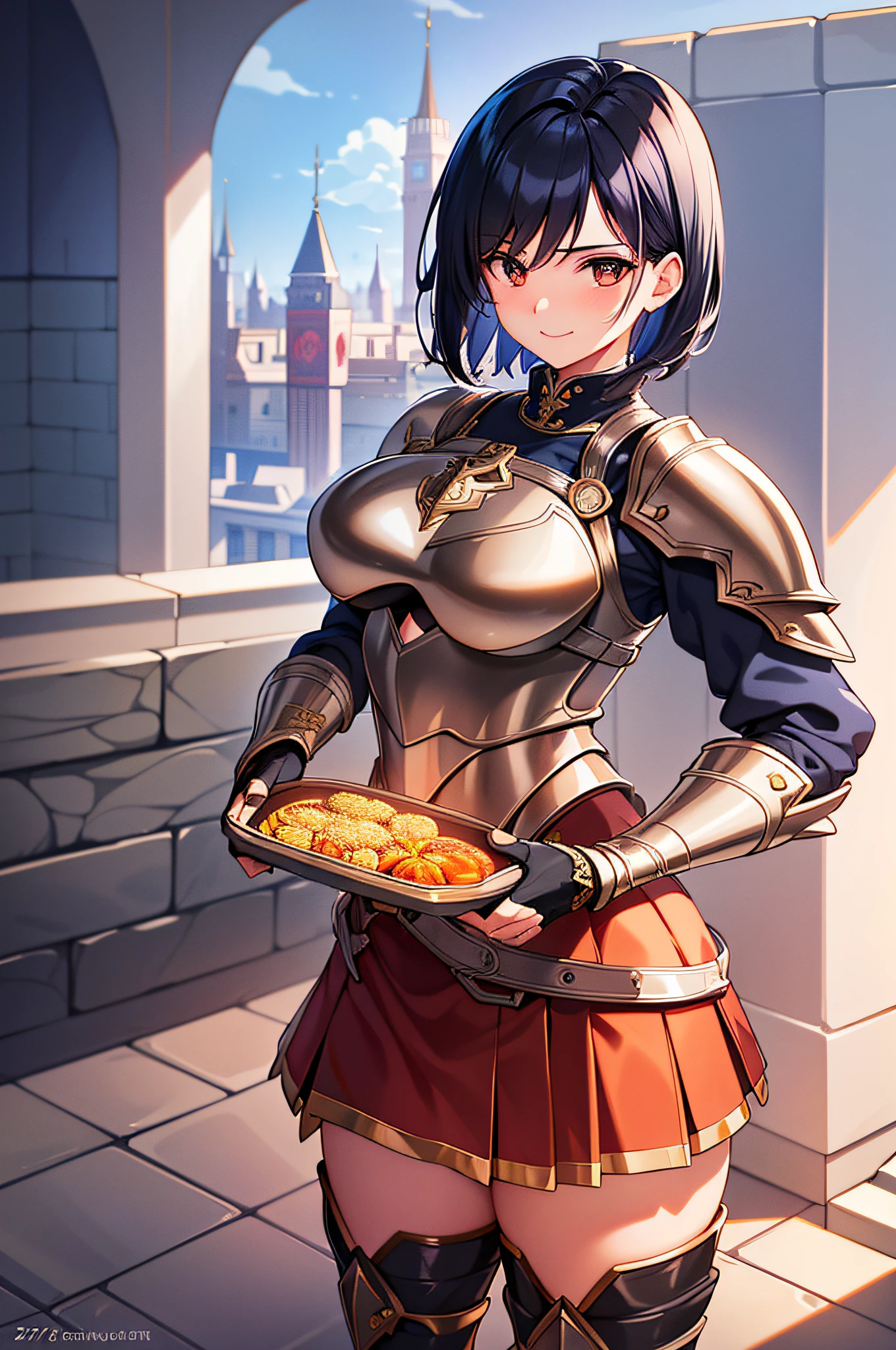 Masterpiece, Ultra detailed, great composition, fantasy, high quality, intricate details, beautiful detailed eyes, {Anime Style}, ray tracing, perfect anatomy, {{chromatic aberration}}, absurdres, (Ragnarok Online), {{chivalry aesthetic}}, (gothic architecture), outdoors, (knight chivalry), detailed hair, textile shading, dynamic light, dynamic angle, {{Extremely detailed eyes}}, (seductive smile), (hands on hips), ((((solo)))), short hair, ((navy blue hair)), ((tan)), (((detailed boobplate))), breastplate, pauldrons, cross, red cape, gauntlets, spiked gauntlets, black belt, pink skirt, (((miniskirt))), ((black legwear)), kneehighs, ((armored boots)), (((amber brown eyes))), (((((27 years old))))), lightly toned, (handsome woman)