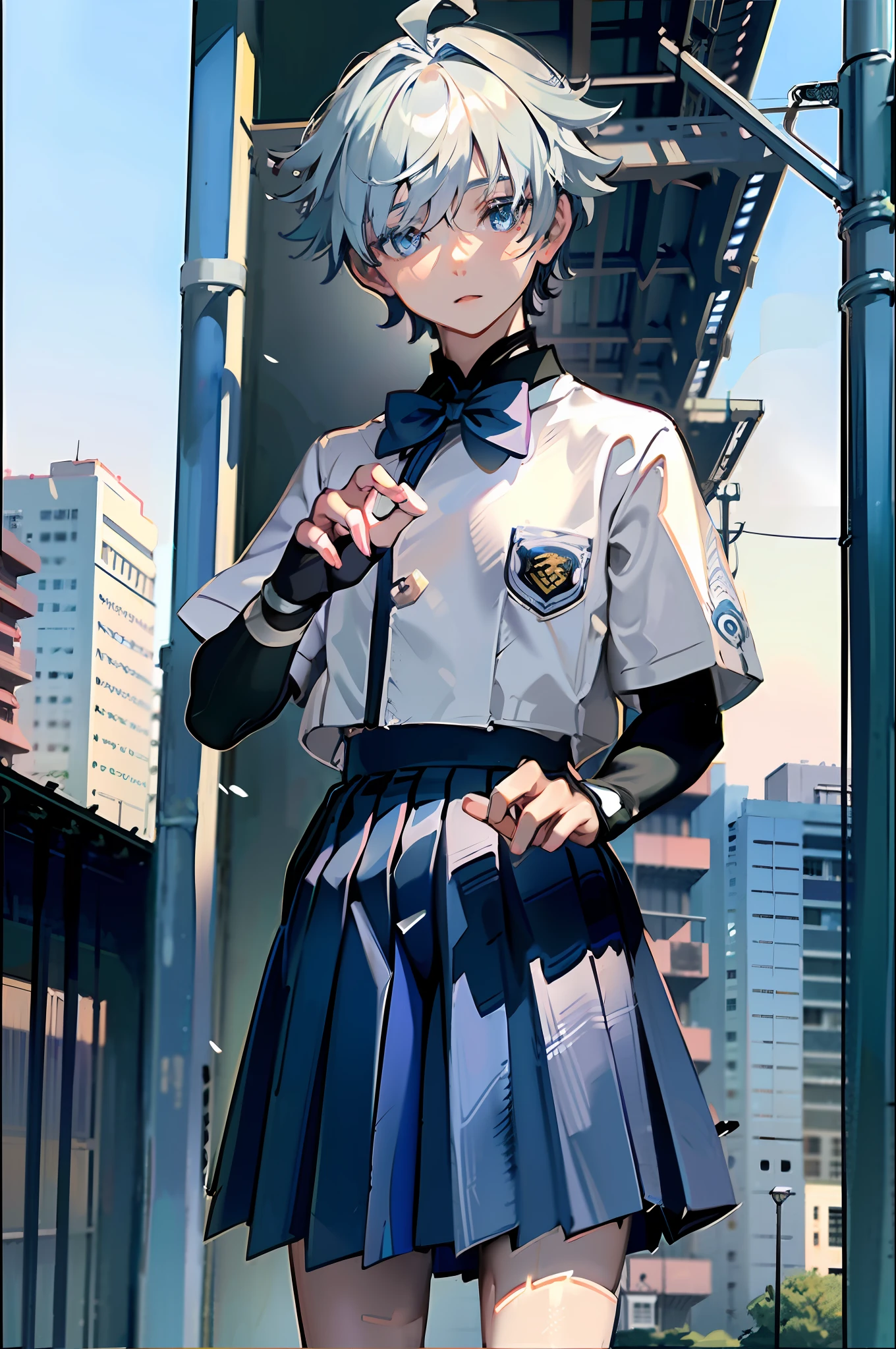 (8k, RAW photo, best quality, masterpiece:1.3),(realistic,photo-realistic:1.37),(night),(looking at viewer:1.331),(white hair),posing,Tokyo street,nightcityscape,soft light,1boy, extremely beautiful face,bust,put down hands,Random hairstyle,Random expression,big eyes, ,lower abdomen,(short-sleeved
JK_shirt),JK_style,(dark blue JK_skirt) ,(bow JK_tie),mix4, , (school uniform:1.5), chongyun_(genshin impact),light blue hair,cute face,upper body,chongyun (genshin impact), 1boy, mature male, solo, blue eyes, blue hair, gloves, ahoge
