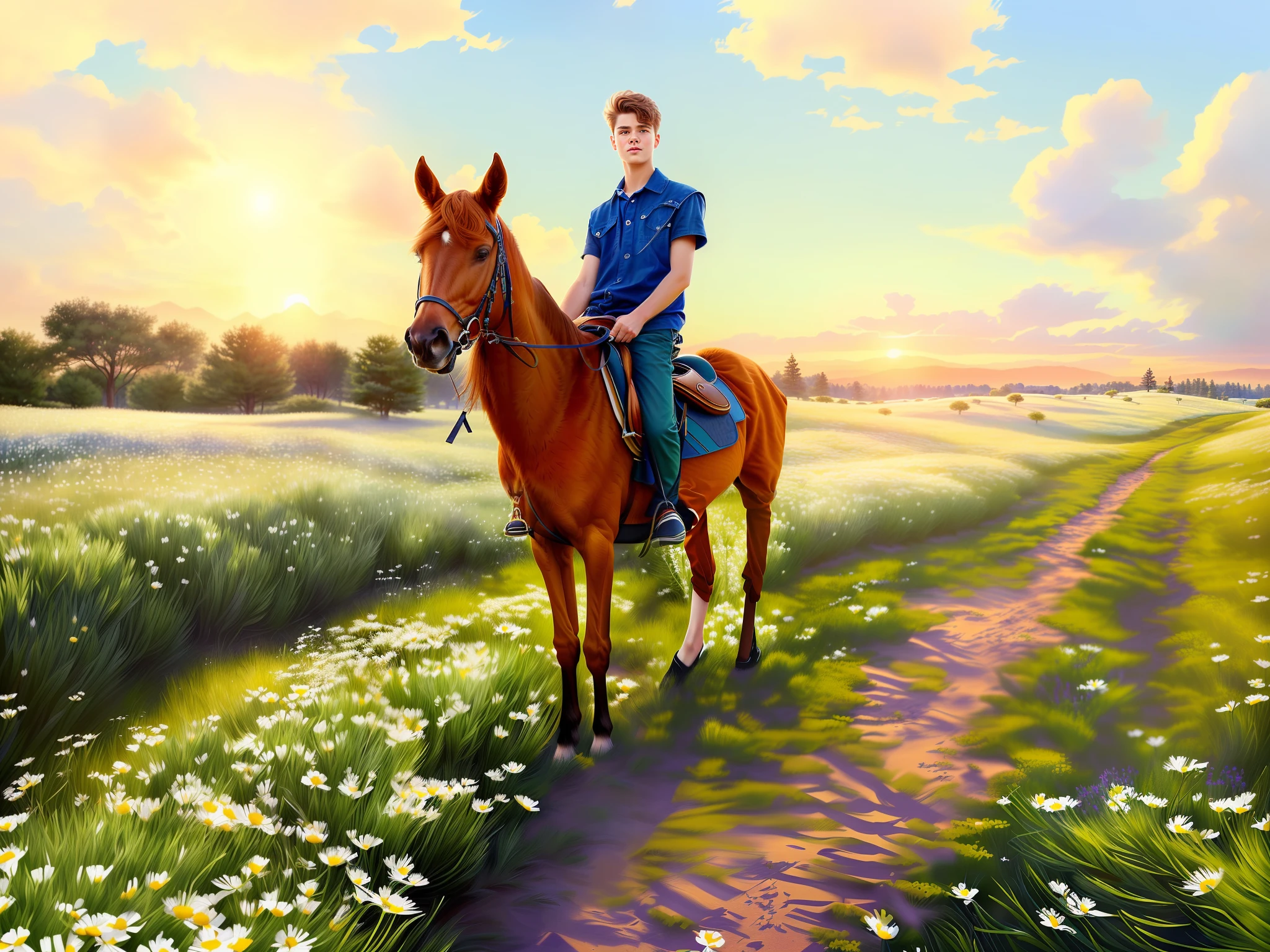 Boy , Boy 16 years old a boy in a spring field with daisies, on the background of a pine tree, pine trees, high-detail digital painting, high-detail digital painting, highly detailed digital painting, beautiful digital painting, high-quality high-resolution digital painting, spotted ultra-realistic, realistic illustration, high-detail digital artwork, beautiful digital artwork, 8K  High-quality detailed art, highly detailed realistic