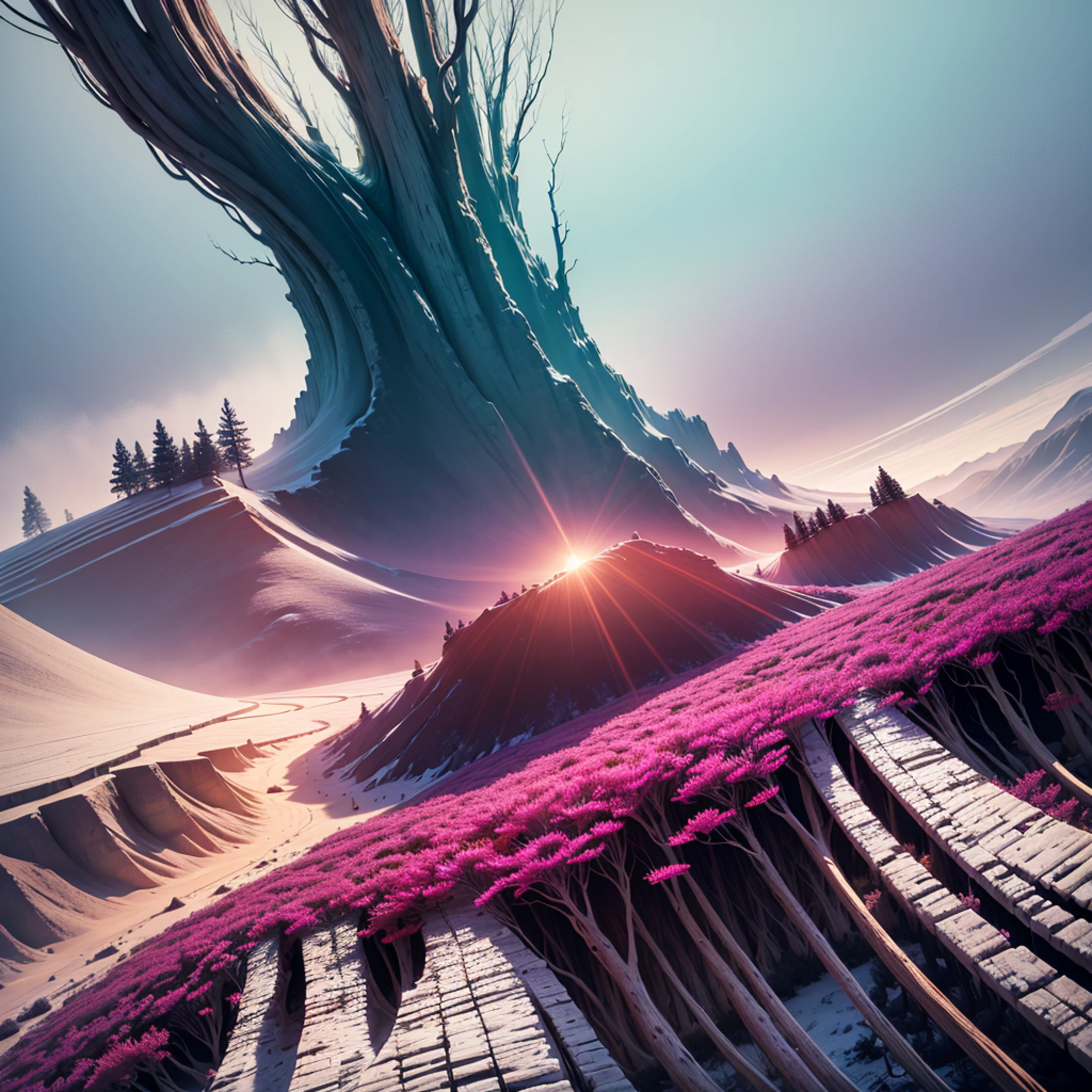 Create a desolate landscape of valley and mountains, bathed in white light, as if shrouded in thick fog, that the sun's rays warmed from far away, with twisted trees and thick trunks, and a undergrowth reminiscent of grasses and grass, in an ultra-realistic landscape, with vibrant colors, 4k, cinematic lighting, natural lighting, vibrant multicolored lighting, film grain, cinematic lighting, high detail, photoreal, photorealistic, volumetric lighting and shading --auto --s2