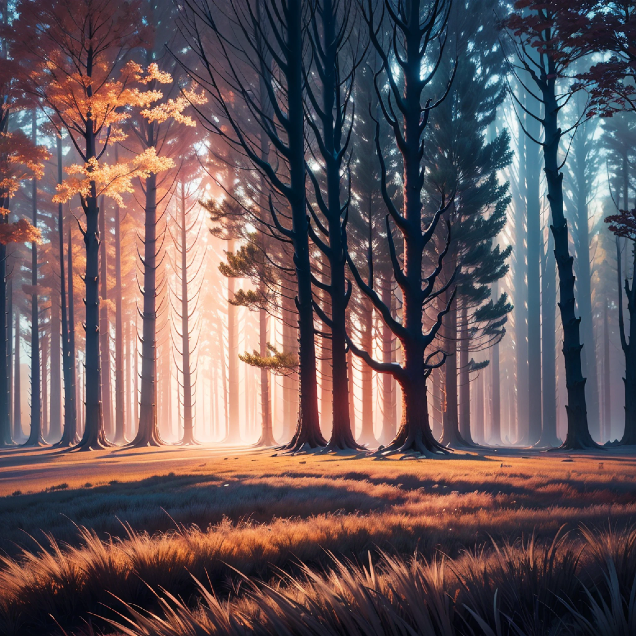 Create a desolate landscape of valley and mountains, bathed in white light, as if shrouded in thick fog, that the sun's rays warmed from far away, with twisted trees and thick trunks, and a undergrowth reminiscent of grasses and grass, in an ultra-realistic landscape, with vibrant colors, 4k, cinematic lighting, natural lighting, vibrant multicolored lighting, film grain, cinematic lighting, high detail, photoreal, photorealistic, volumetric lighting and shading --auto --s2