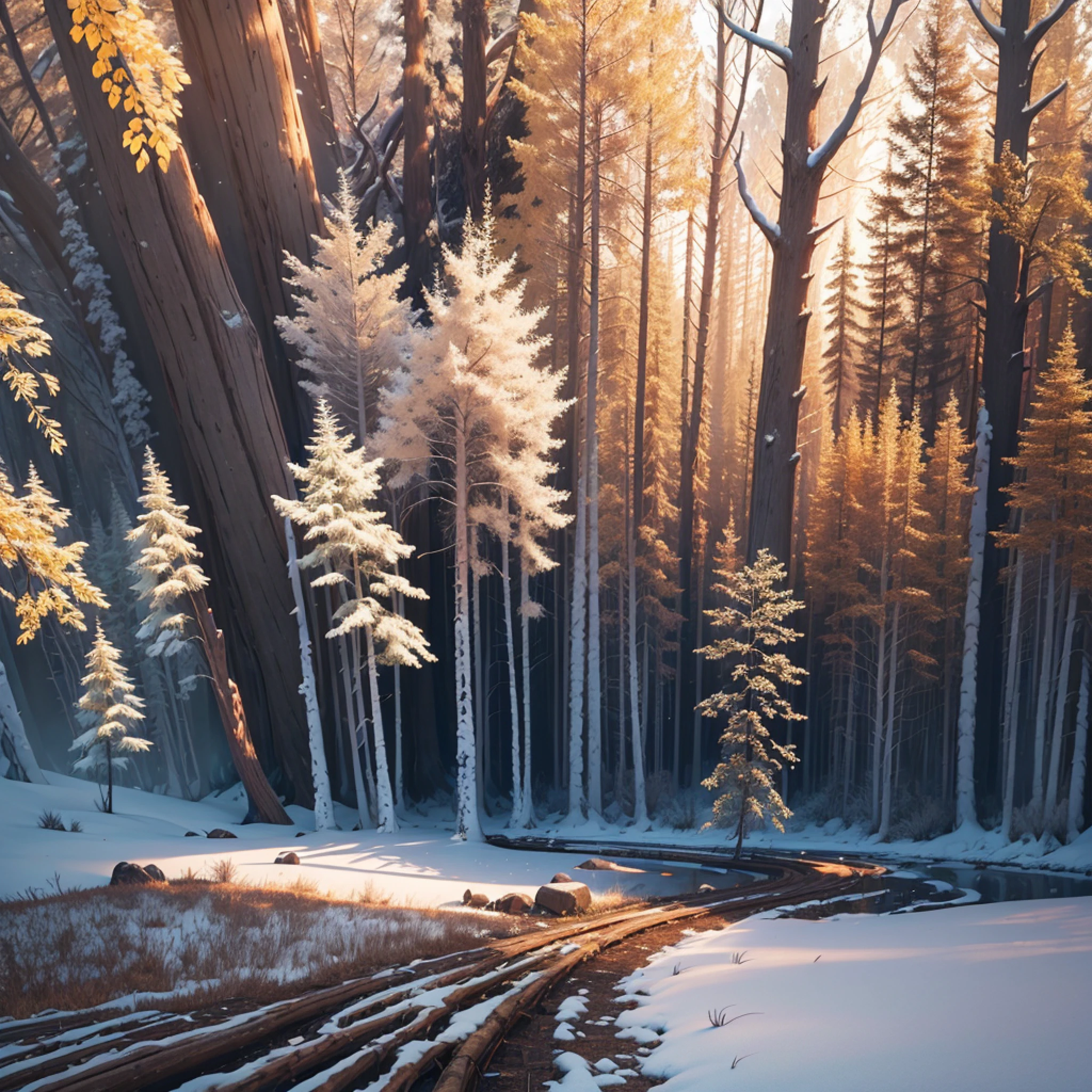 Create a desolate landscape of valley and mountains, bathed in white light, as if shrouded in thick fog, that the sun's rays warmed from far away, with twisted trees and thick trunks, and a undergrowth reminiscent of grasses and grass, in an ultra-realistic landscape, with vibrant colors, 4k, cinematic lighting, natural lighting, vibrant multicolored lighting, film grain, cinematic lighting, high detail, photoreal, photorealistic, volumetric lighting and shading --auto --s2