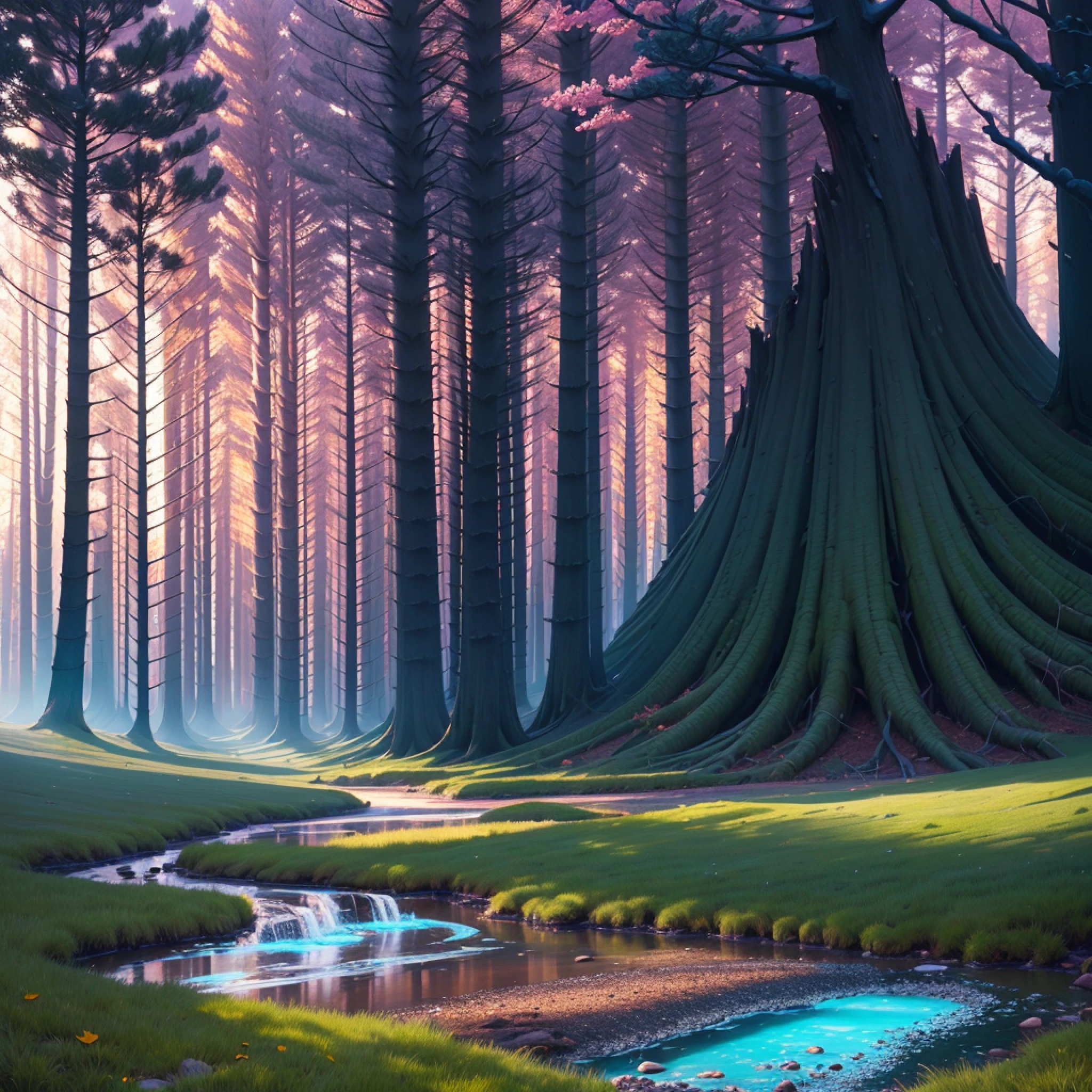 Create a desolate landscape of valley and mountains, bathed in white light, as if shrouded in thick fog, that the sun's rays warmed from far away, with twisted trees and thick trunks, and a undergrowth reminiscent of grasses and grass, in an ultra-realistic landscape, with vibrant colors, 4k, cinematic lighting, natural lighting, vibrant multicolored lighting, film grain, cinematic lighting, high detail, photoreal, photorealistic, volumetric lighting and shading --auto --s2