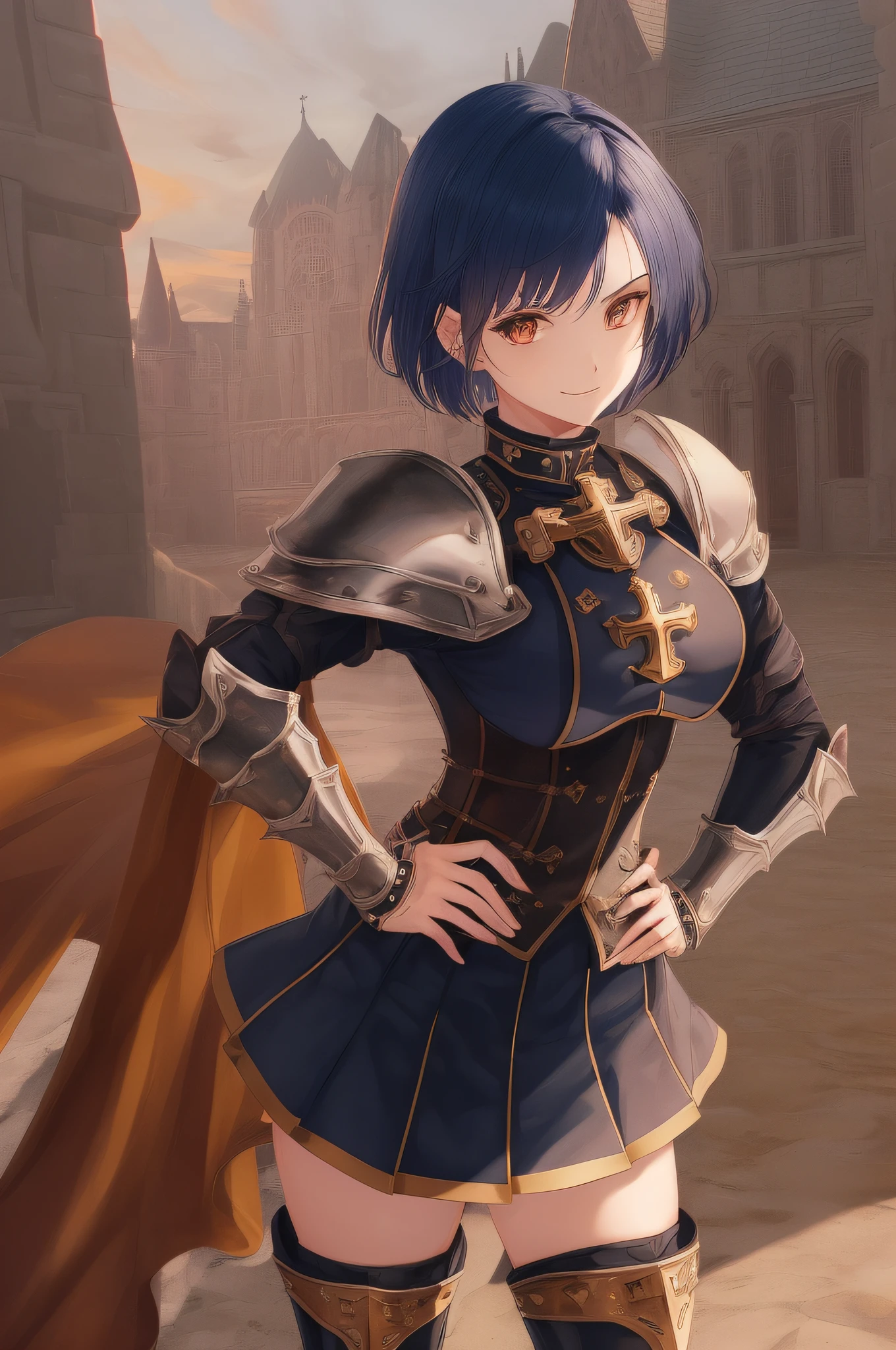 Masterpiece, Ultra detailed, great composition, fantasy, high quality, intricate details, beautiful detailed eyes, {Anime Style}, ray tracing, perfect anatomy, {{chromatic aberration}}, absurdres, (Ragnarok Online), {{chivalry aesthetic}}, (gothic architecture), outdoors, (knight chivalry), detailed hair, textile shading, dynamic light, dynamic angle, {{Extremely detailed eyes}}, (seductive smile), (hands on hips), ((((solo)))), short hair, ((navy blue hair)), ((tan)), (((detailed boobplate))), breastplate, pauldrons, cross, red cape, gauntlets, spiked gauntlets, black belt, pink skirt, (((miniskirt))), ((black legwear)), kneehighs, ((armored boots)), (((amber brown eyes))), (((((27 years old))))), lightly toned, (handsome woman), zettai ryouiki